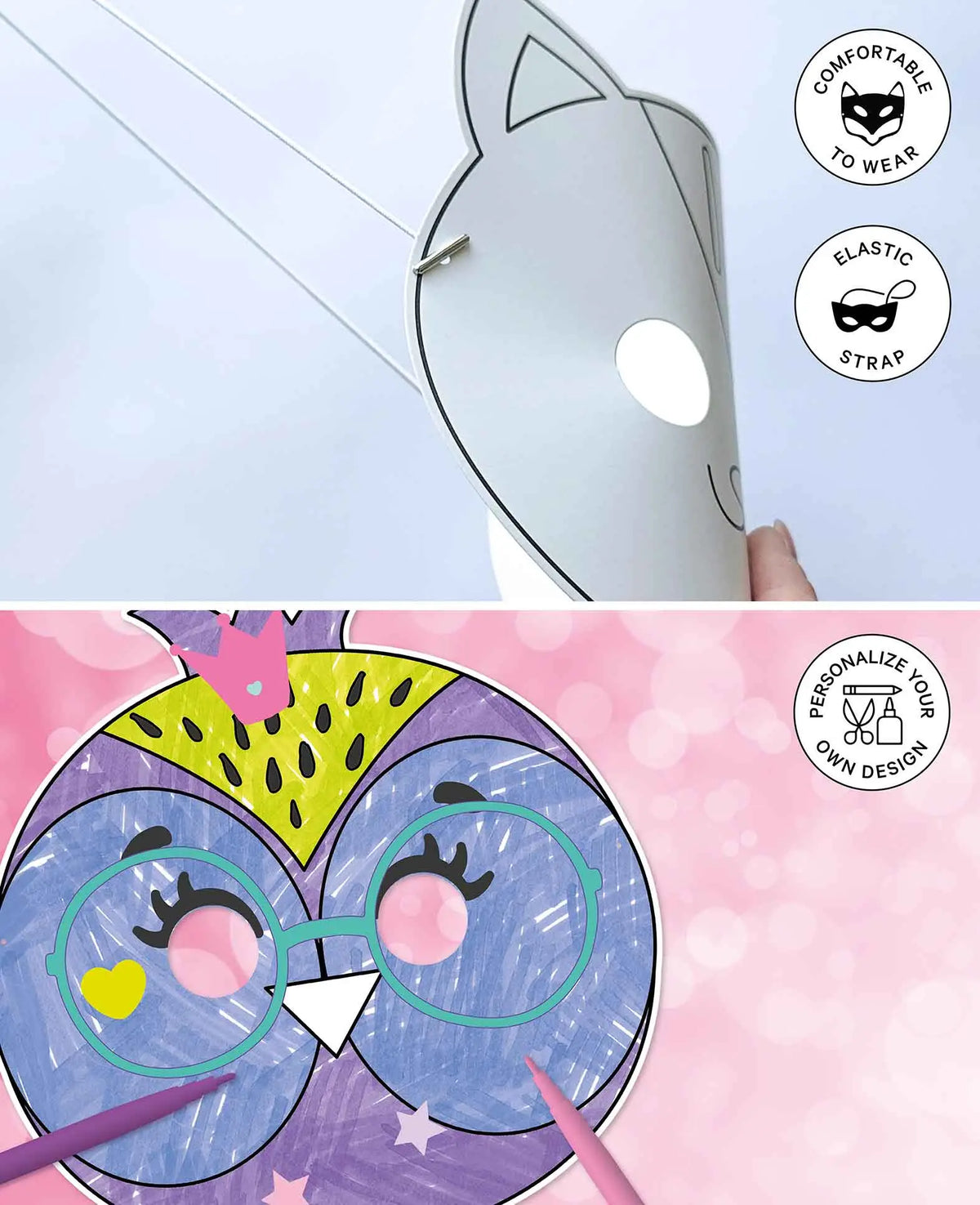 Kit de masques animaux avec autocollants, blanc, env. 18 x 20 cm, 8 p.