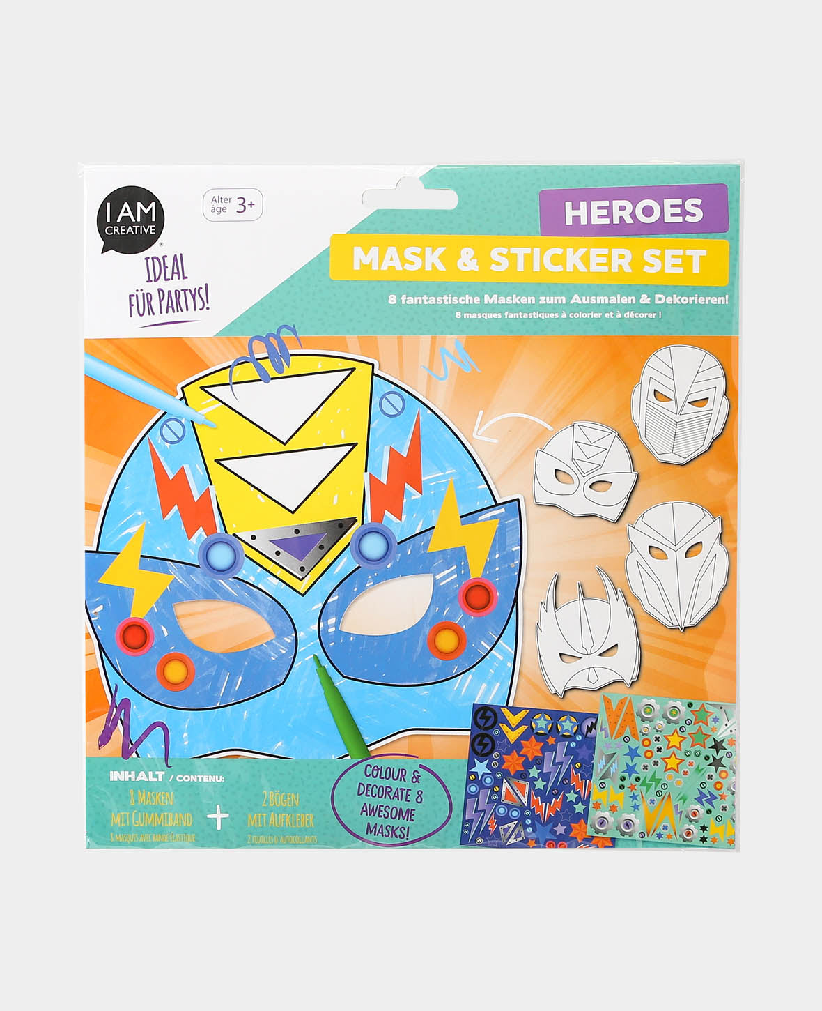 Lot de masques Super-héros avec autocollants, blanc, env. 17 x 21 cm, 8 p.