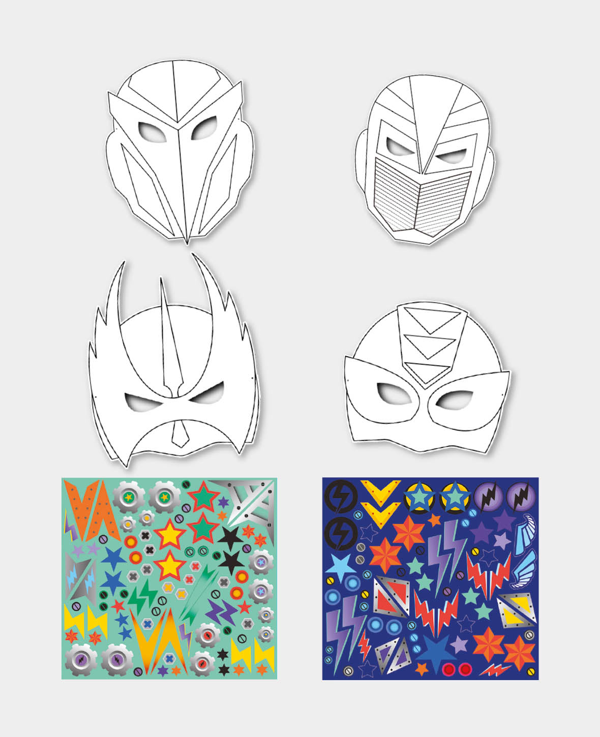 Lot de masques Super-héros avec autocollants, blanc, env. 17 x 21 cm, 8 p.