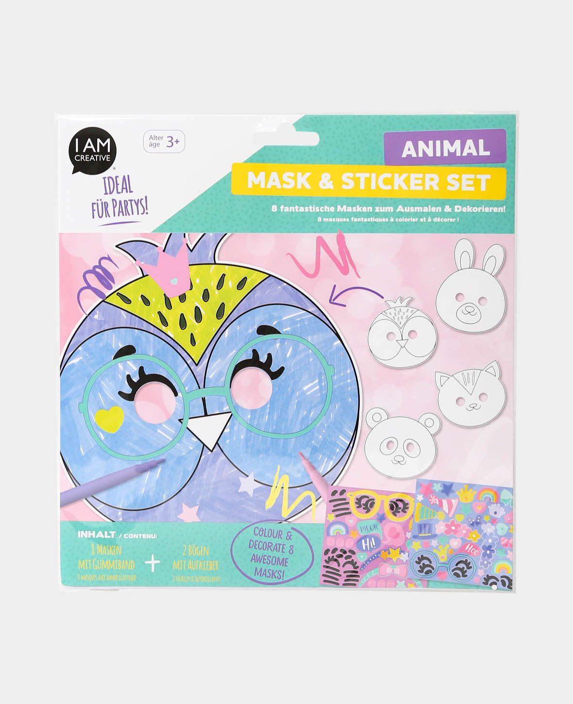 Kit de masques animaux avec autocollants, blanc, env. 18 x 20 cm, 8 p.