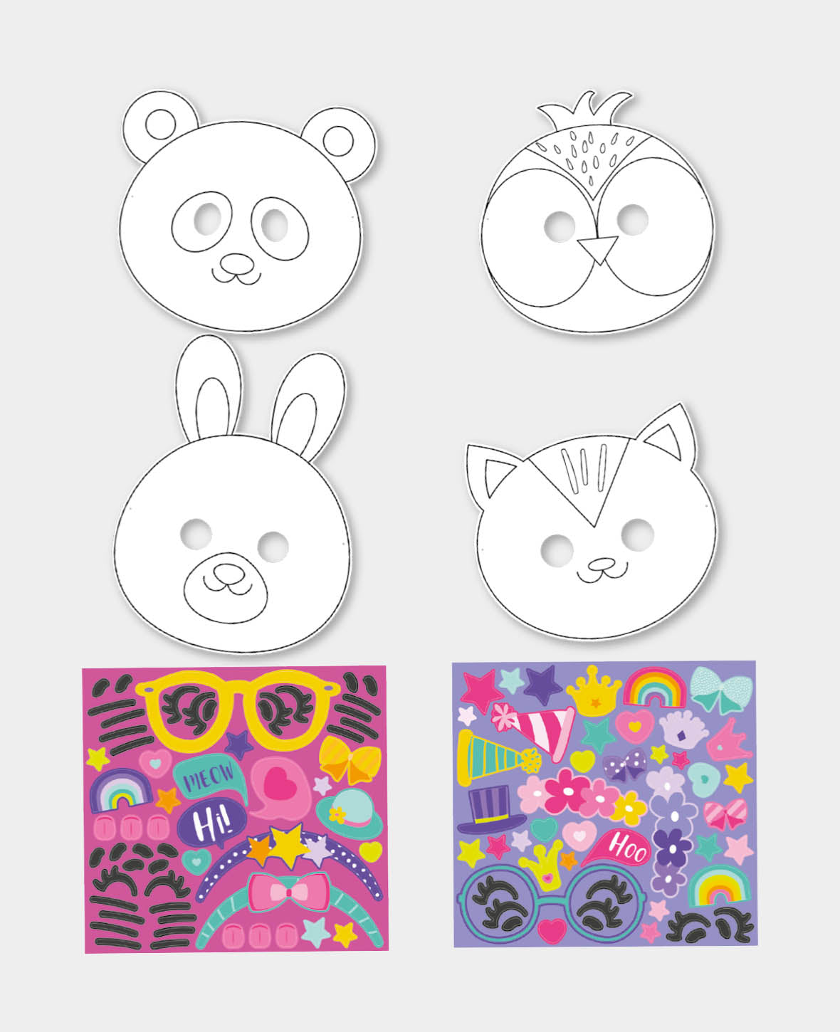 Kit de masques animaux avec autocollants, blanc, env. 18 x 20 cm, 8 p.
