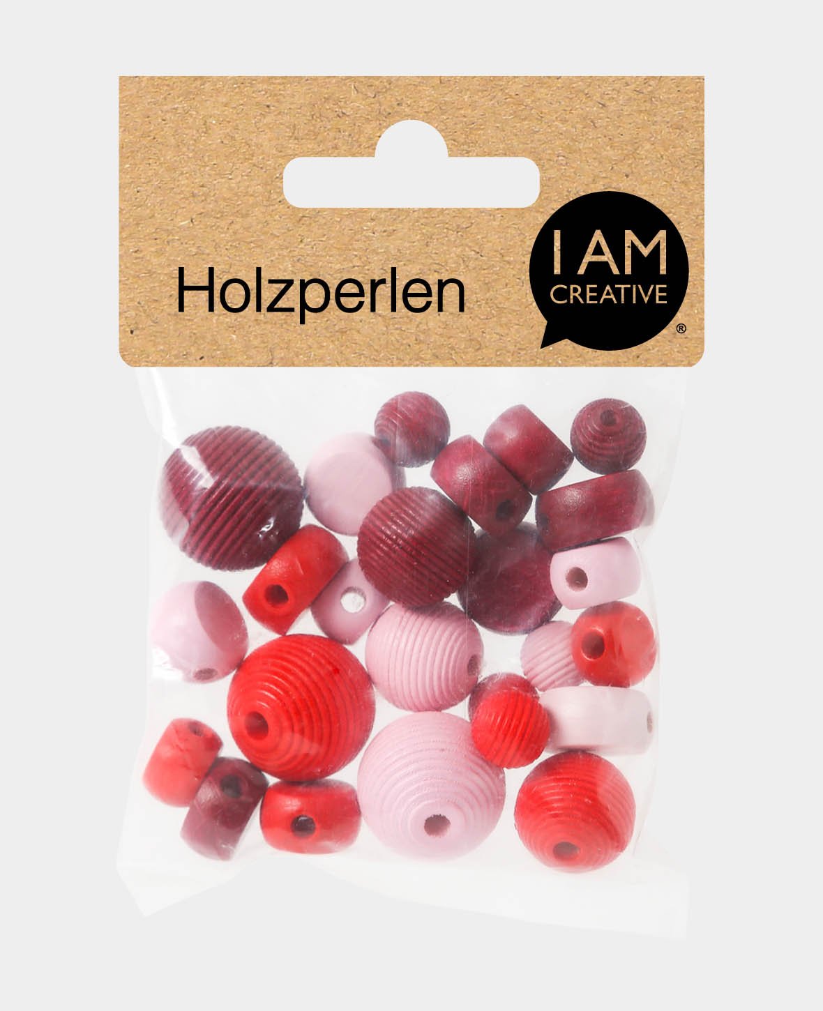 Mélange de perles en bois, hêtre, tons rouges, 10-20 mm, trou env. 3 mm, env. 28 g
