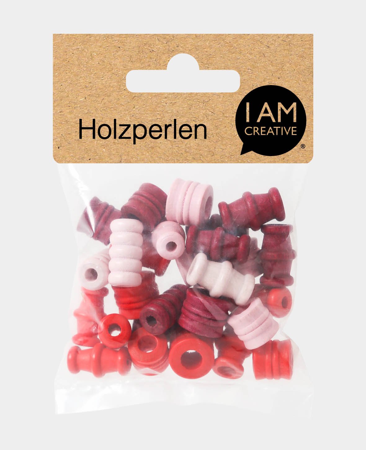 Mélange de perles en bois de hêtre, tons rouges, 8–14 mm, trou env. 3–7 mm, env. 23 g