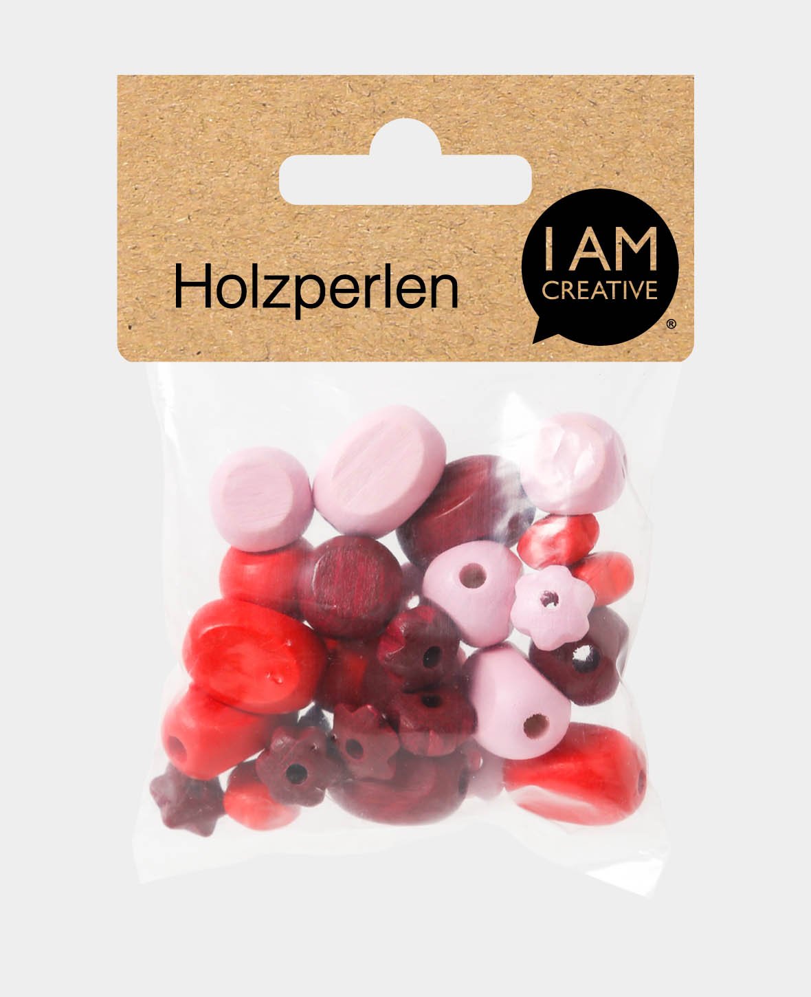 Mélange de perles en bois, hêtre, tons rouges, 13–15 mm, trou env. 3, env. 26 g
