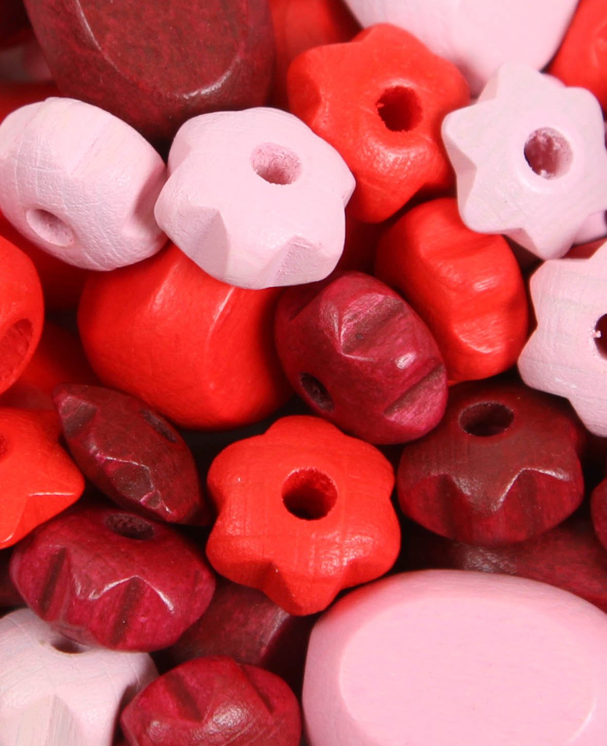 Mélange de perles en bois, hêtre, tons rouges, 13–15 mm, trou env. 3, env. 26 g