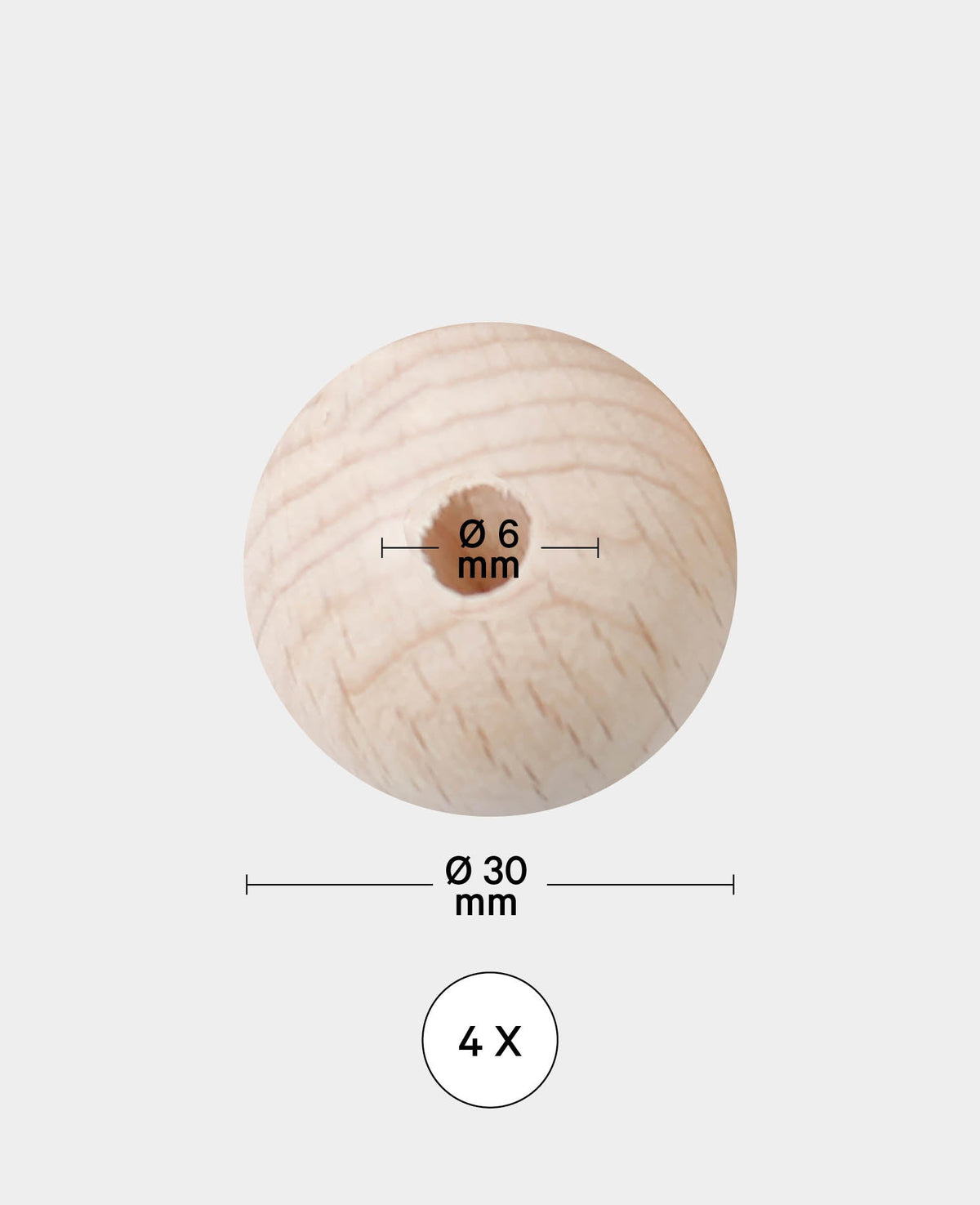 Rohholzkugeln Ø 30 mm, mit Ø 6 mm Bohrung, Natur, 4 Stk.
