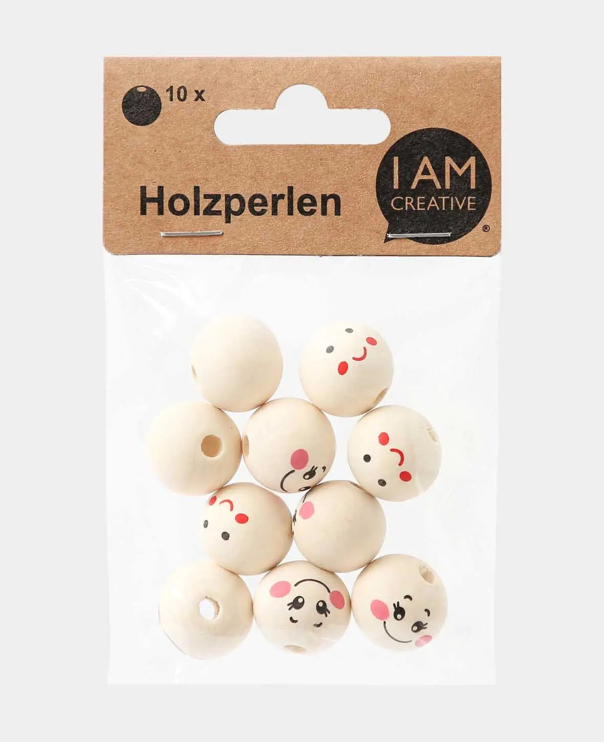 Wooden beads with a smiling face, Ø 20 mm, natural, 2 x 5 pcs.
