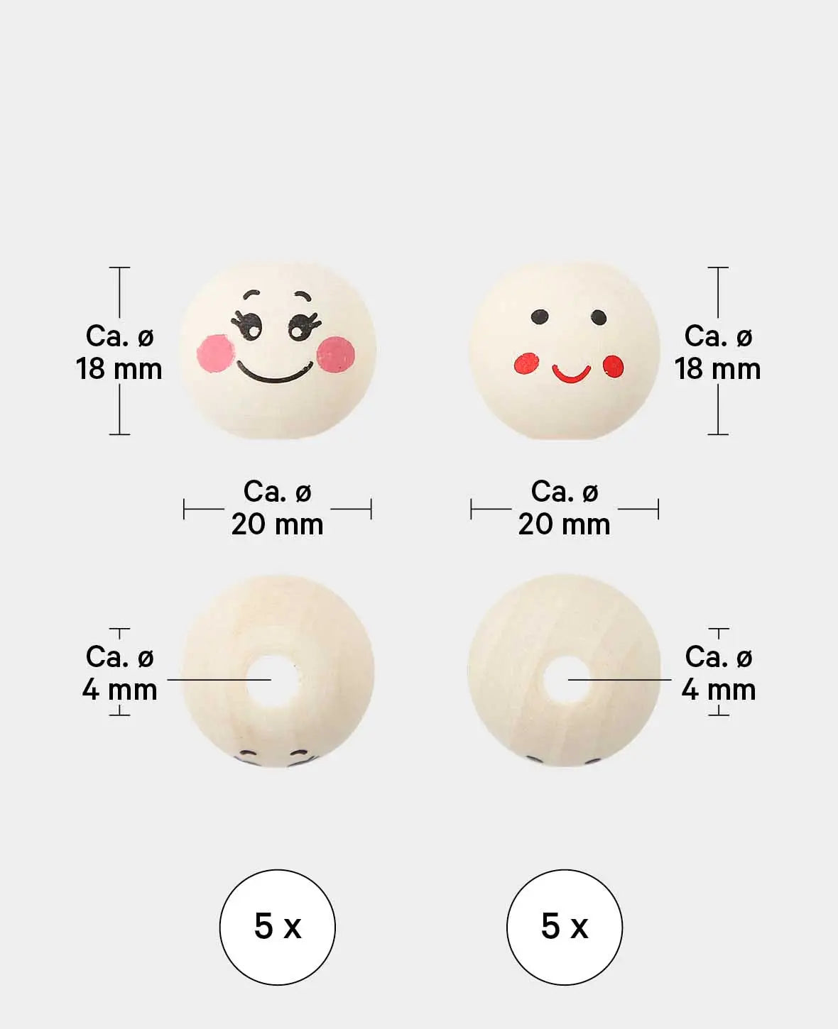 Perles en bois visage souriant, Ø 20 mm, naturel, 2 x 5 pces