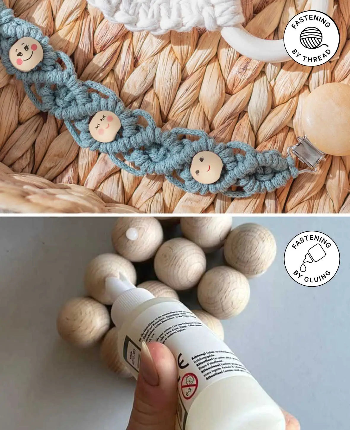 Perles en bois visage souriant, Ø 20 mm, naturel, 2 x 5 pces