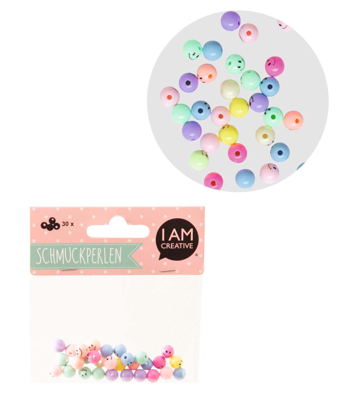 Schmuckperlen – Smiley bunt, 0.8 cm, 30 Stk., Kunststoff