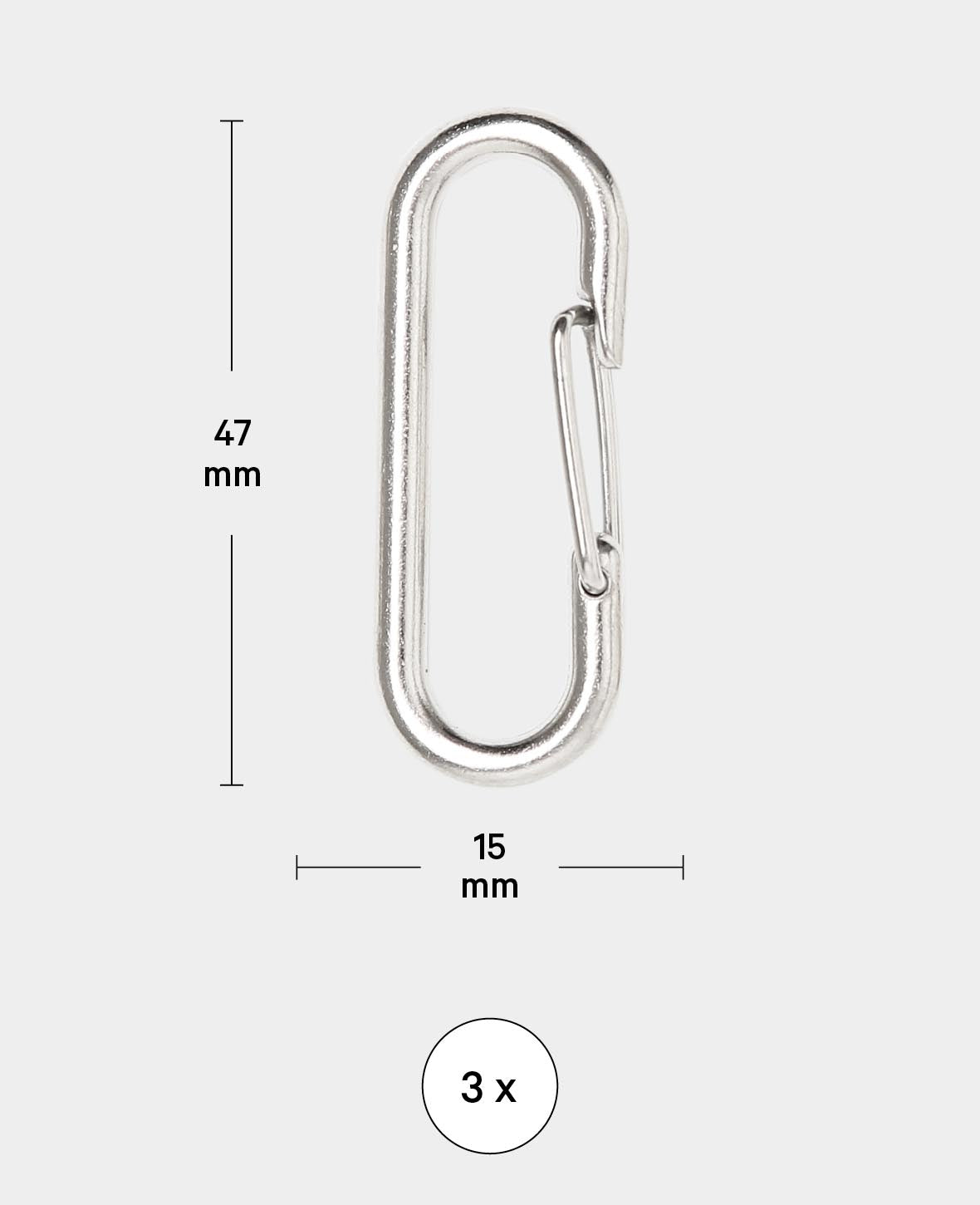 Carabiner, silver, 47 x 15 mm, 3 pcs.