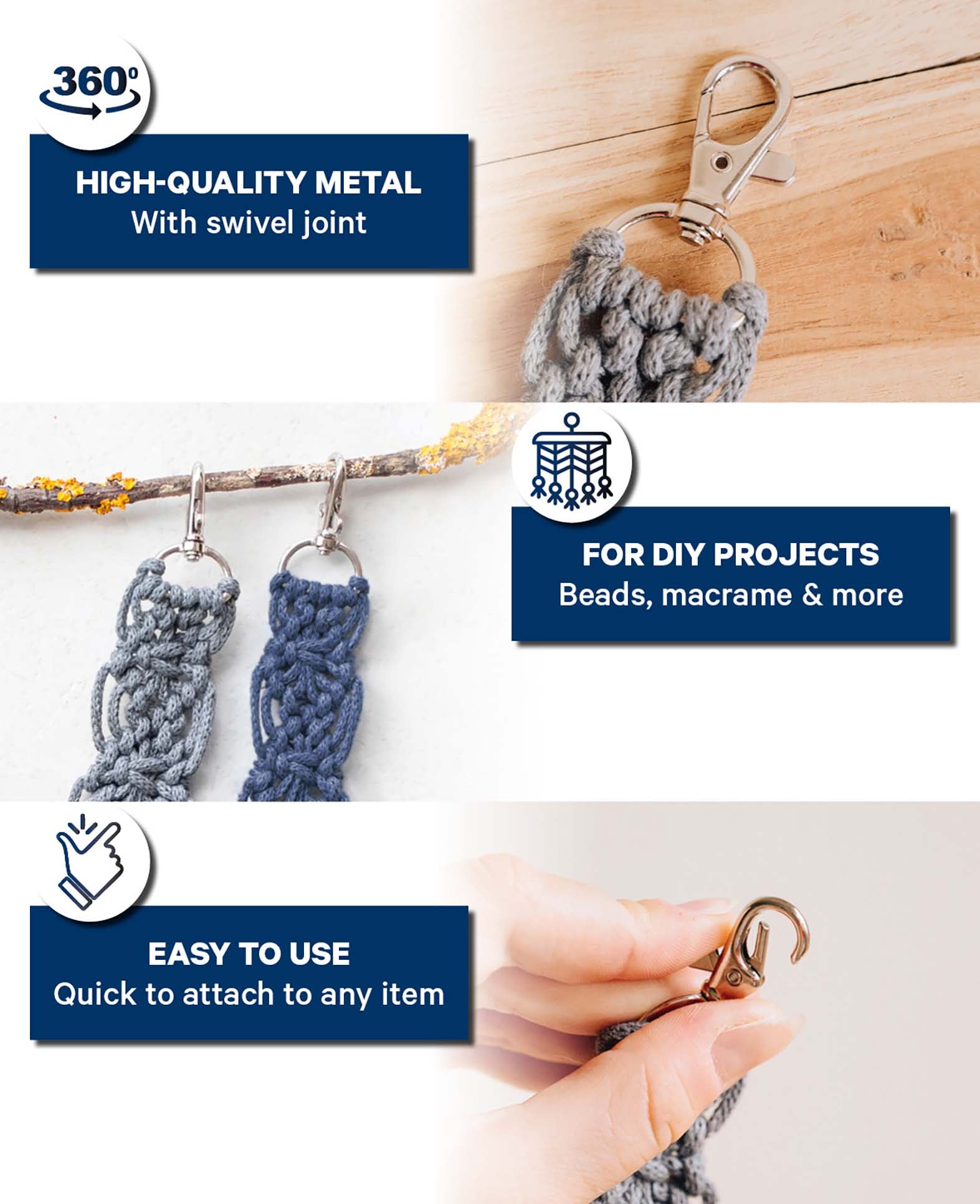 Swivel snap hook, metal silver, 42x30 mm, 20 pieces
