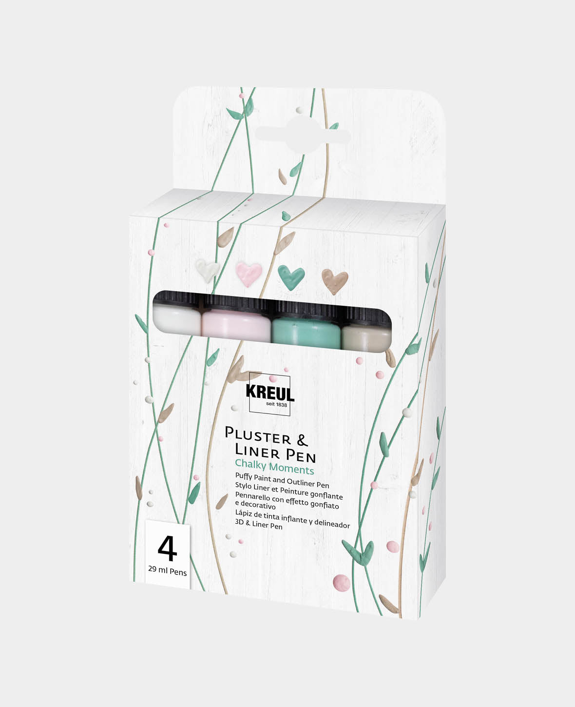 KREUL Pluster & Liner Pen Set de 4, Couleurs effet craie, 4 couleurs différentes de 29 ml