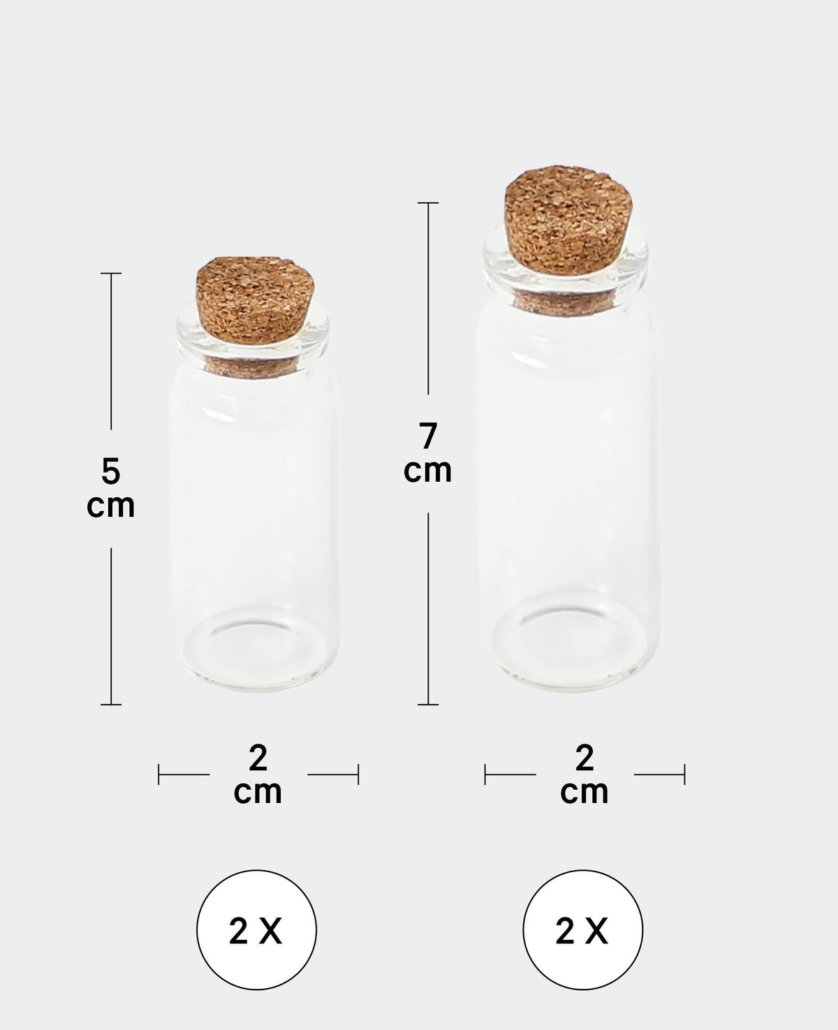 Mini bottles with cork stoppers, ø 2 x 5 cm & ø 2 x 7 cm, Transparent, 4 pcs.