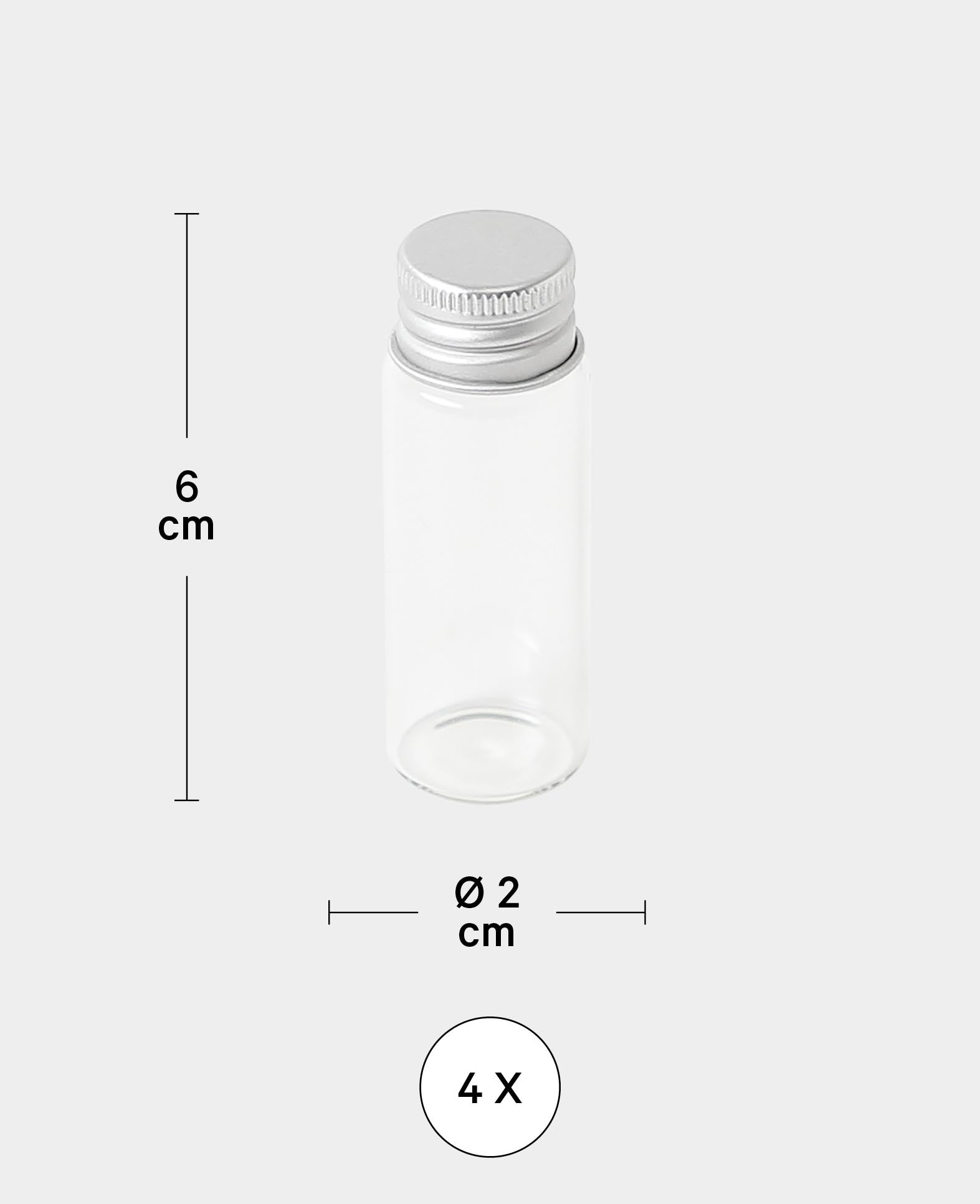 Mini-bouteilles avec bouchon en alu, ø 2 x 6 cm, transparent, 4 pièces.