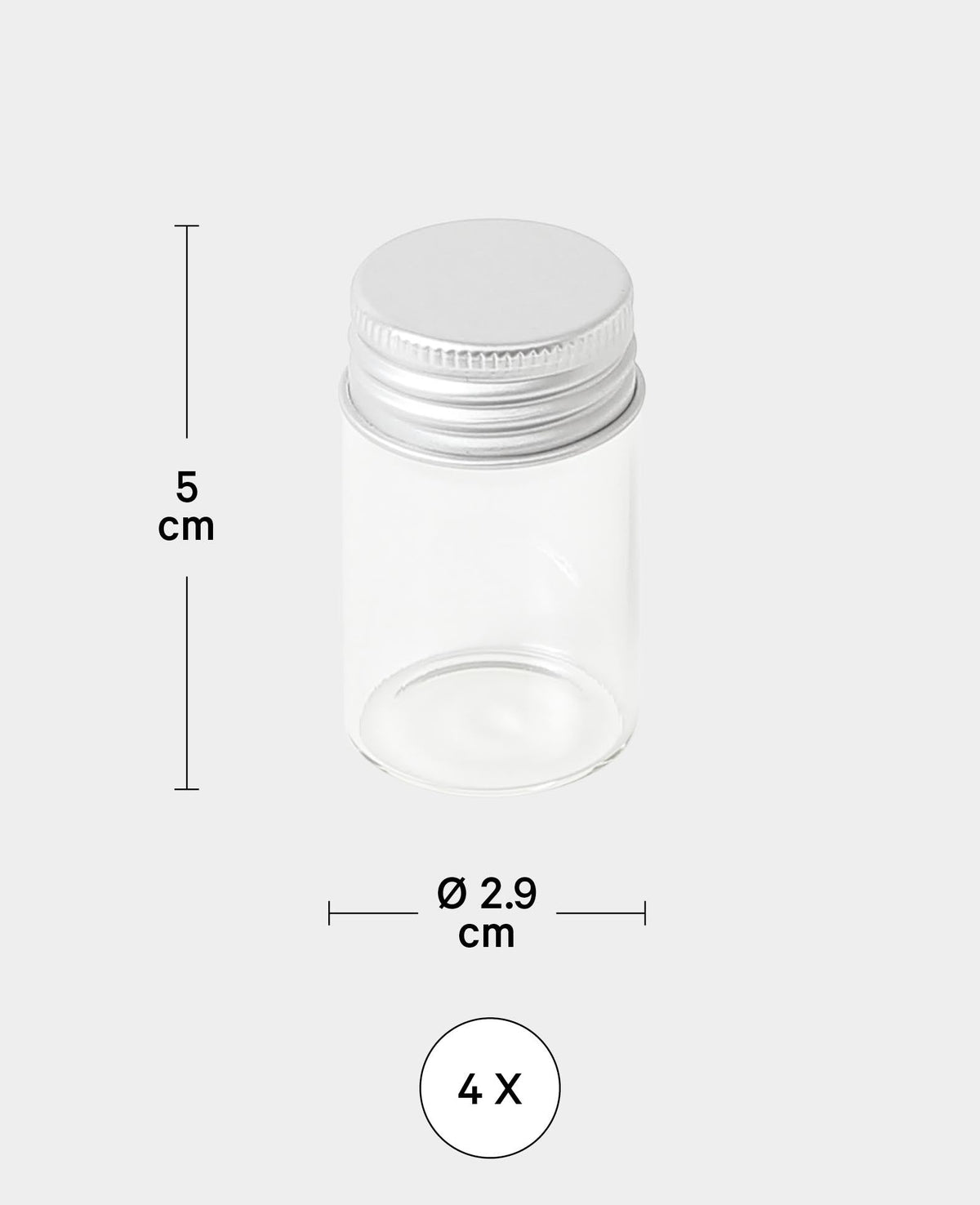Mini bouteilles avec bouchon en alu, ø 2.9 x 5 cm, Transparent, 4 pces.