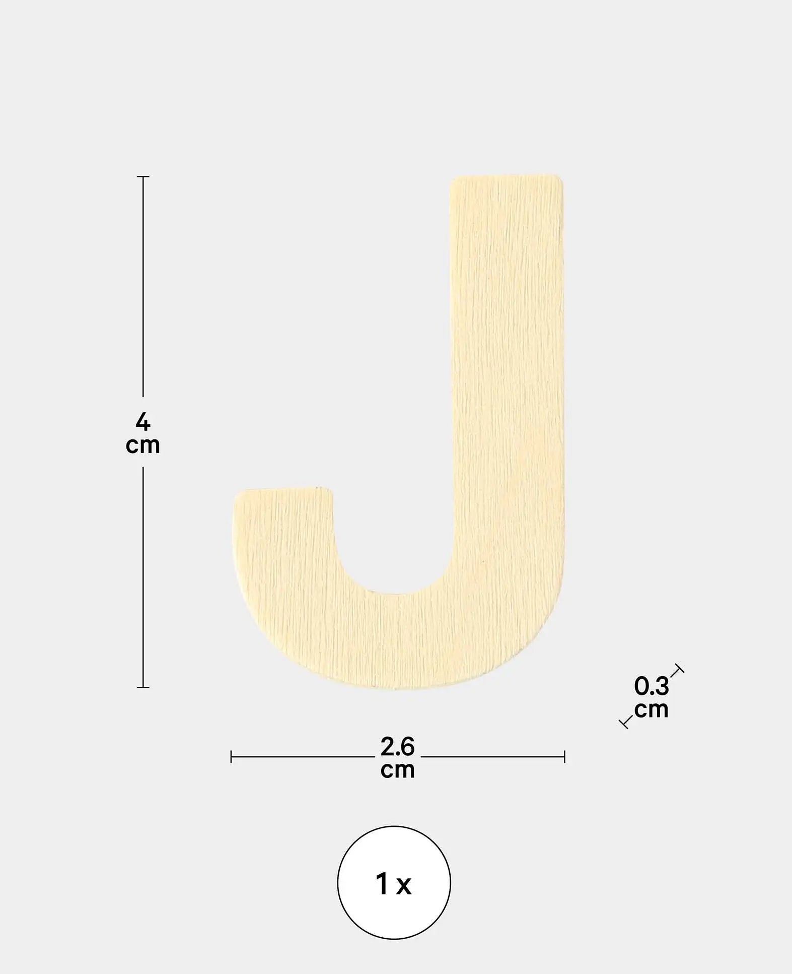Holzbuchstabe J, 2.6 x 0.3 x 4 cm, Braun, 1 Stk.