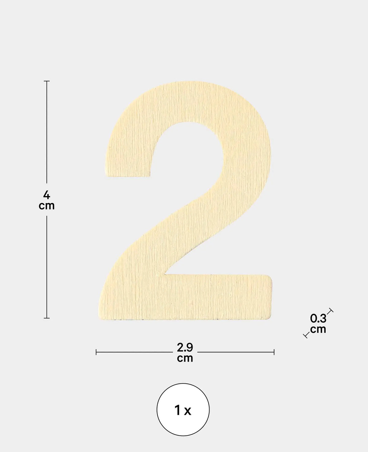 Wooden number 2, approx. 2.9 x 0.3 x 4 cm, number made of plywood, brown
