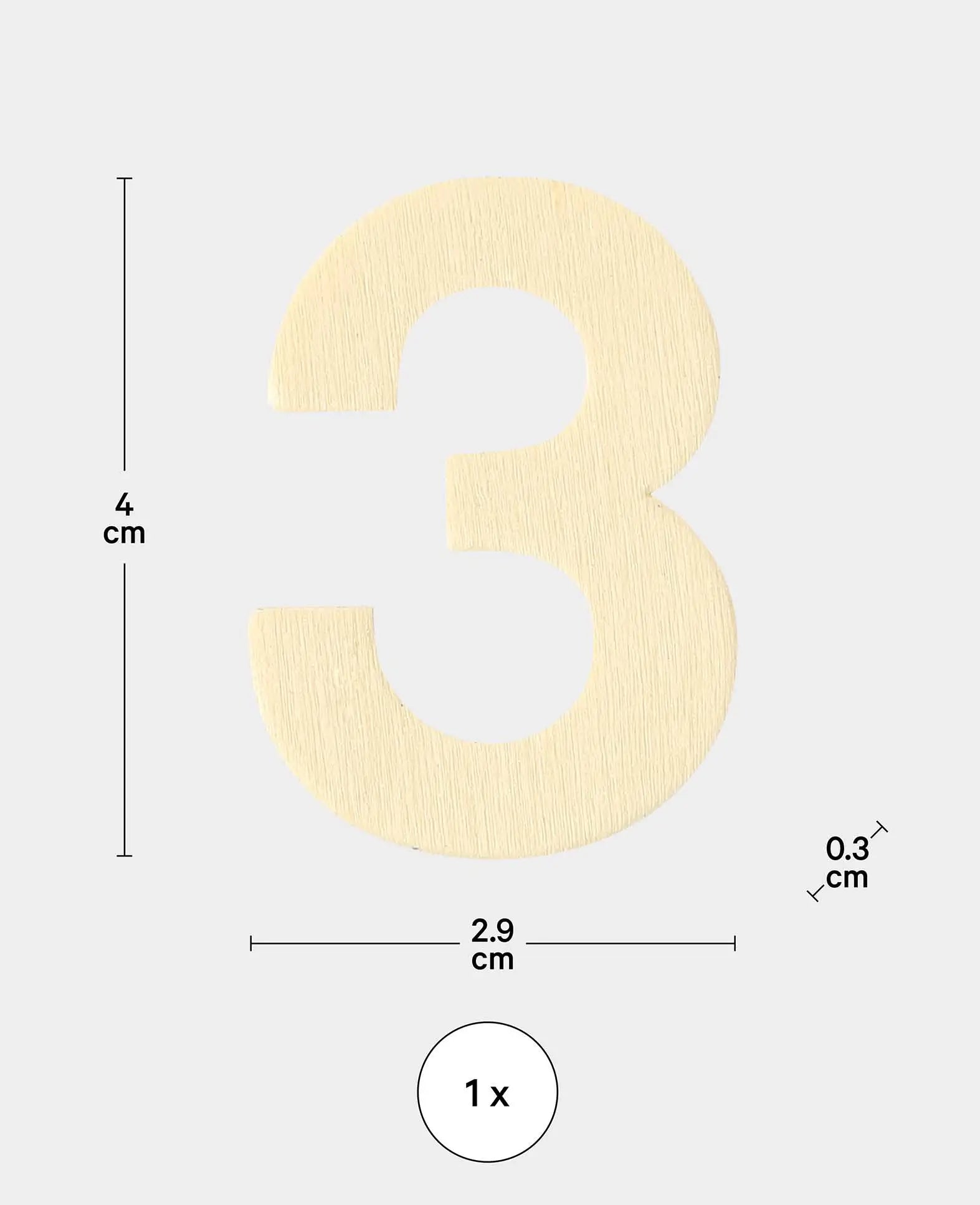 Chiffre en bois 3, env. 2.9 x 0.3 x 4 cm, chiffre en contreplaqué, marron