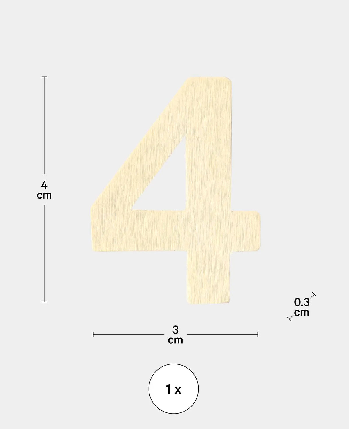 Wooden number 4, approx. 3 x 0.3 x 4 cm, number made of plywood, brown