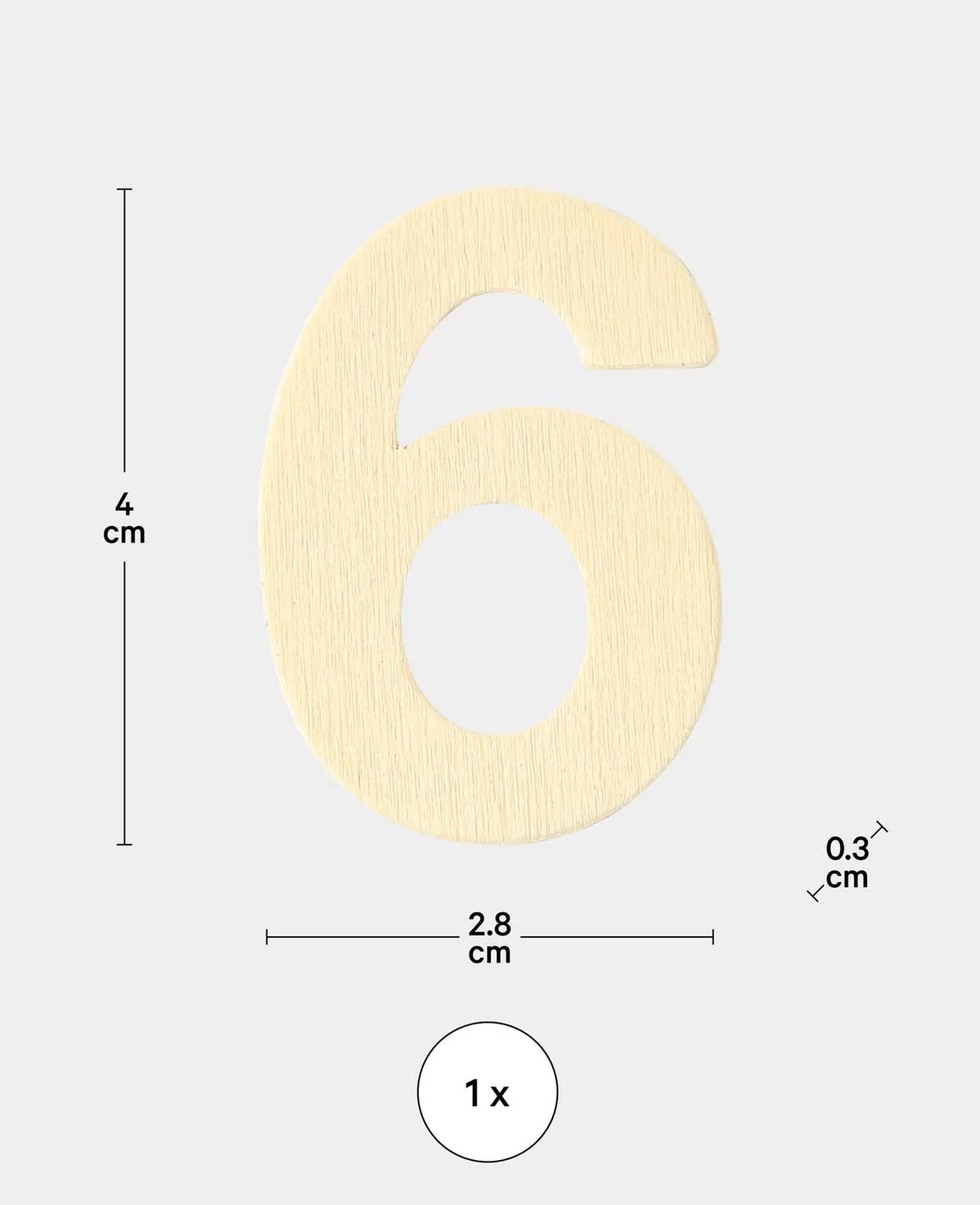Wooden number 6, approx. 2.8 x 0.3 x 4 cm, number made of plywood, brown