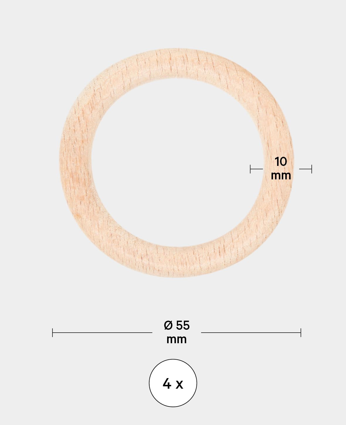 Holzringset, Set mit vier Holzreifen aus unbehandeltem Holz, Natur, ø 55 x 10 mm, 4 Ringe