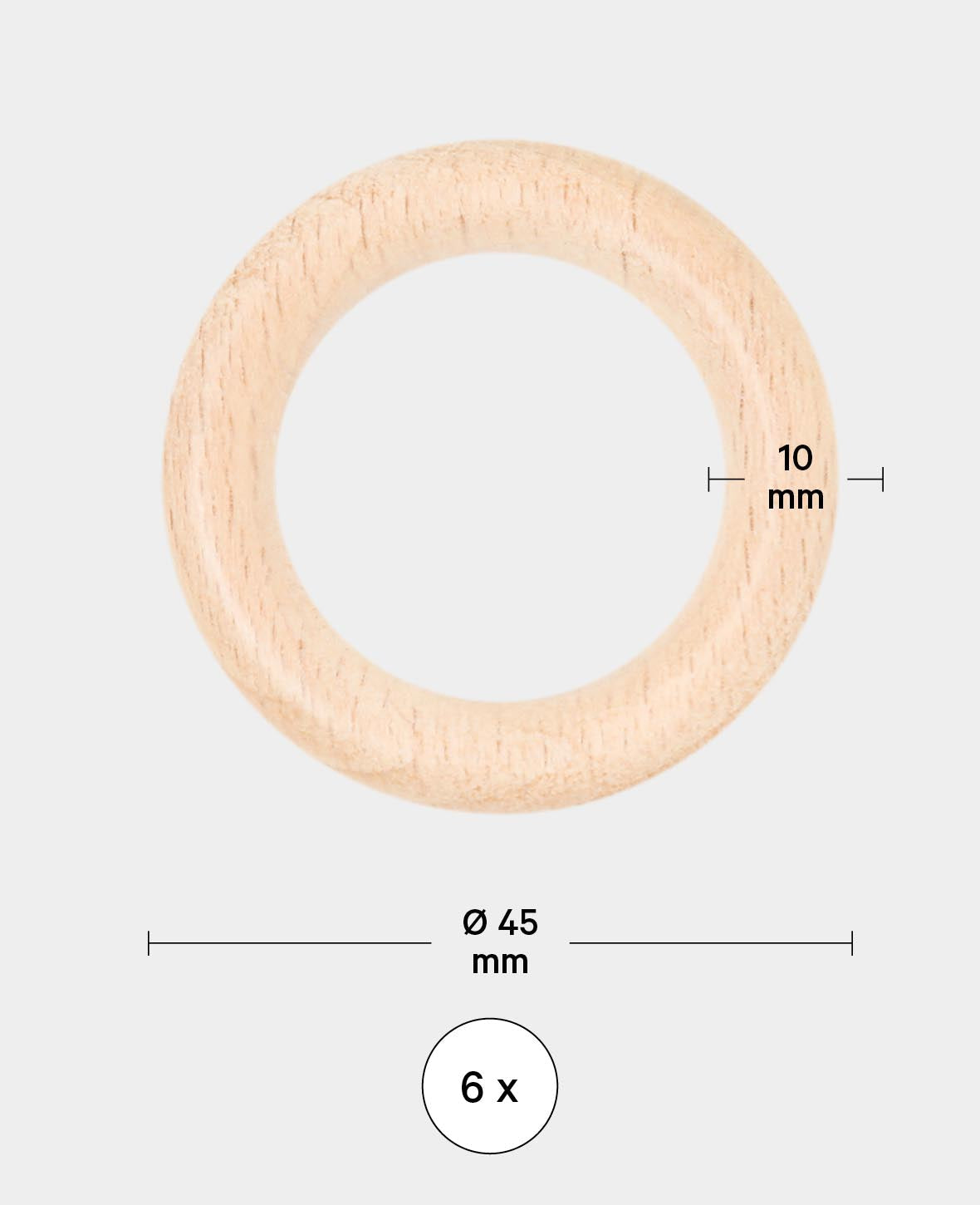 Holzringset, Set mit sechs Holzreifen aus unbehandeltem Holz, Natur, ø 45 x 10 mm, 6 Ringe