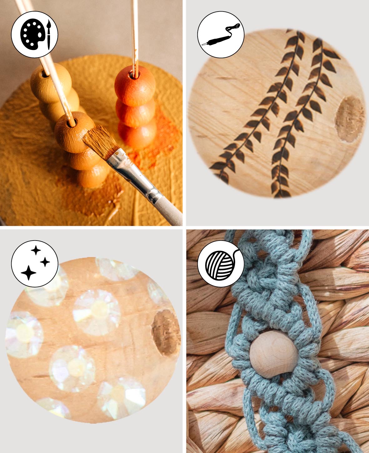 Perles en bois brut, perles en bois avec grand trou en bois non traité, naturel, ø 25 mm, 6 pc.