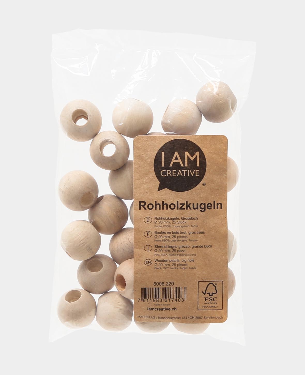 Rohholzkugeln, Holzperlen mit grossem Loch aus unbehandeltem Holz, Natur, ø 20 mm, 25 Stk.