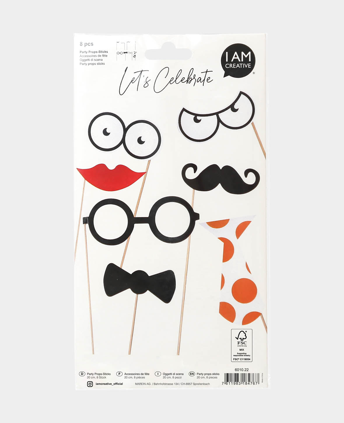 Party Selfiestick-Set, Requisiten-Set für Fotobox Fotoaufnahmen an Silvester-, Geburtstags- oder Hochzeitpartys aus Papier mit Laseraufdruck, 8 tlg.