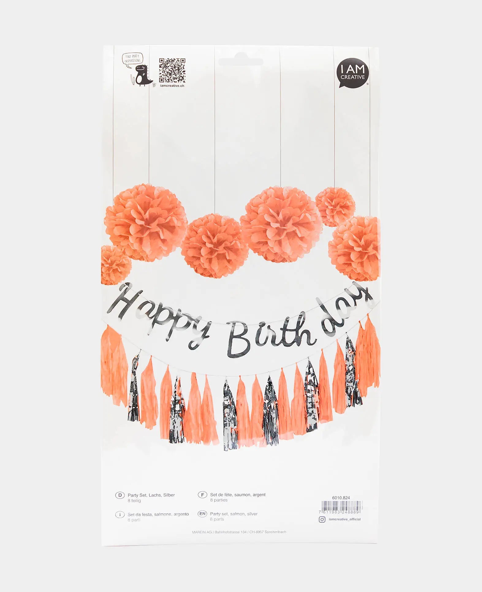 Party Dekorationsset mit Pompons, Happy Birthday Girlande und Quastengirlande, Lachs/Silber