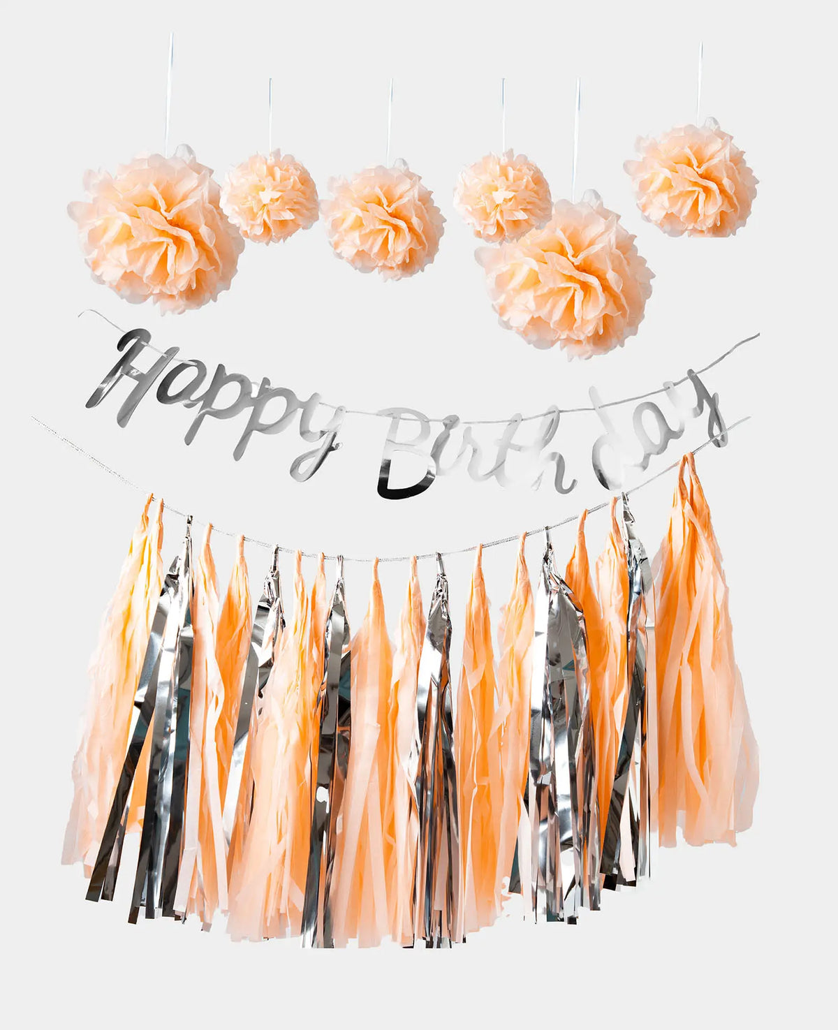 Party Dekorationsset mit Pompons, Happy Birthday Girlande und Quastengirlande, Lachs/Silber