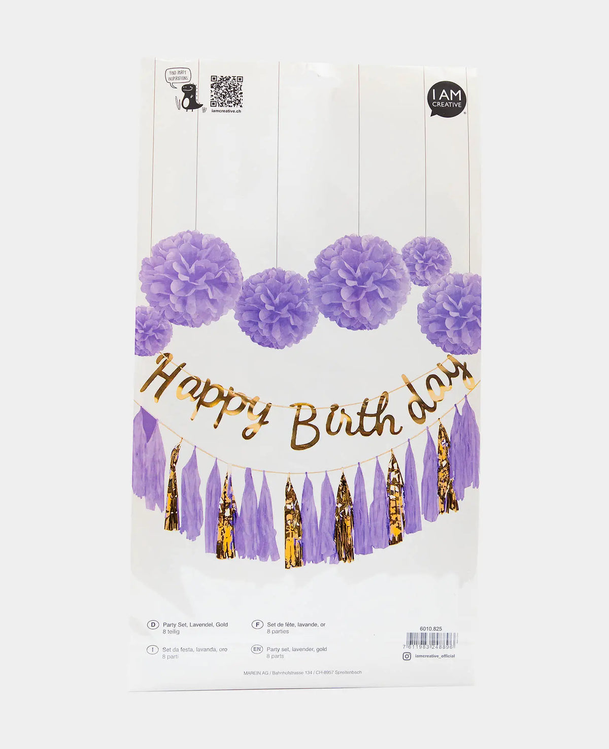Party Dekorationsset mit Pompons, Happy Birthday Girlande und Quastengirlande, Lavendel/Gold