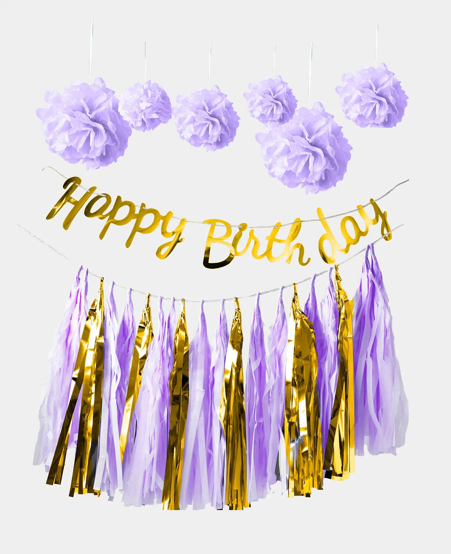 Party Dekorationsset mit Pompons, Happy Birthday Girlande und Quastengirlande, Lavendel/Gold