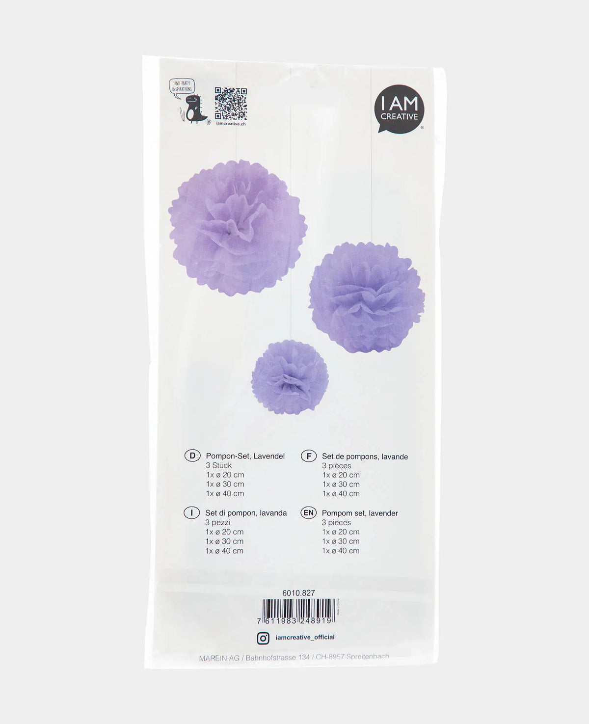 Kit de pompons à suspendre, papier de soie, lavande, ø 20, 30, 40 cm, 3 pièces