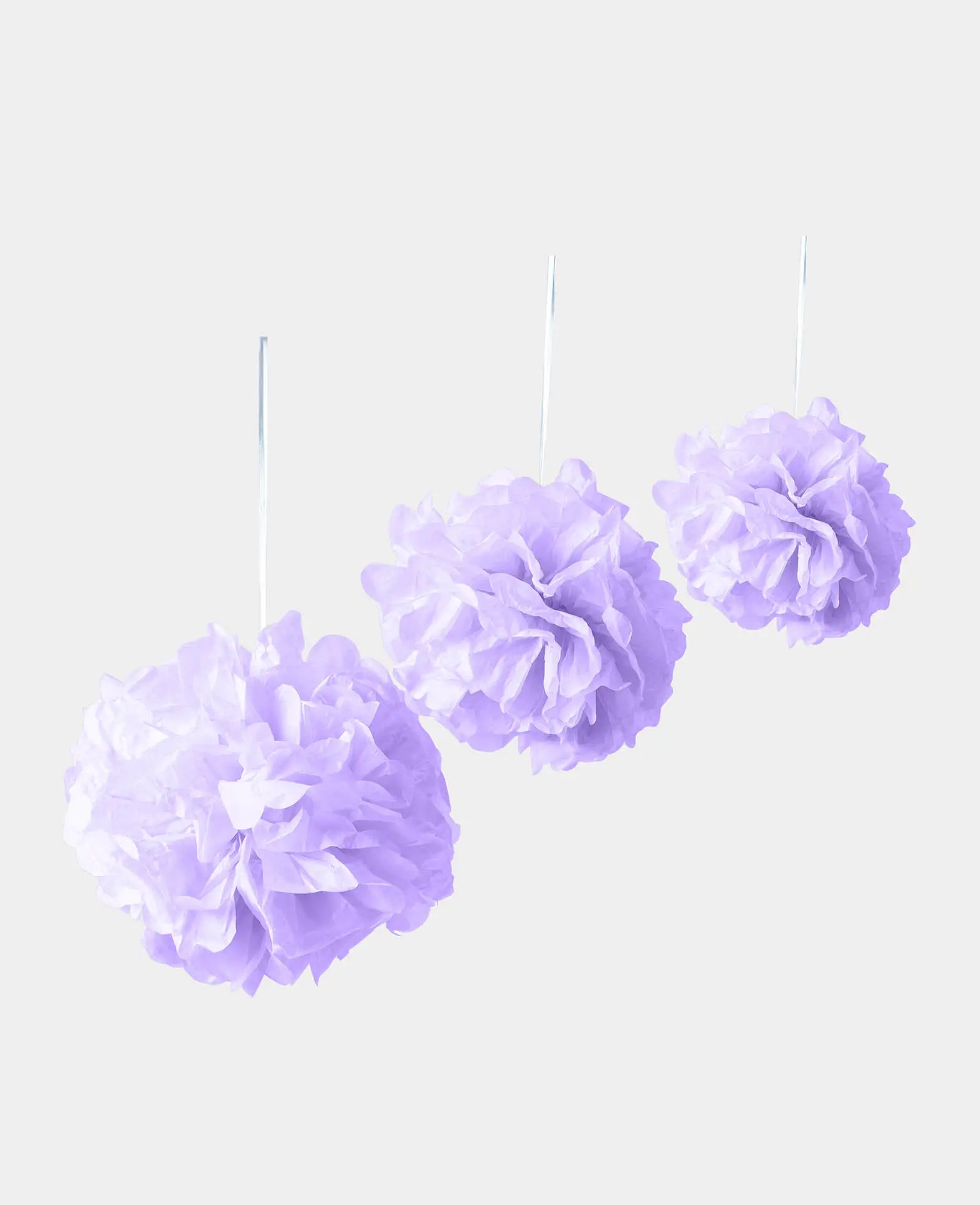 Kit de pompons à suspendre, papier de soie, lavande, ø 20, 30, 40 cm, 3 pièces
