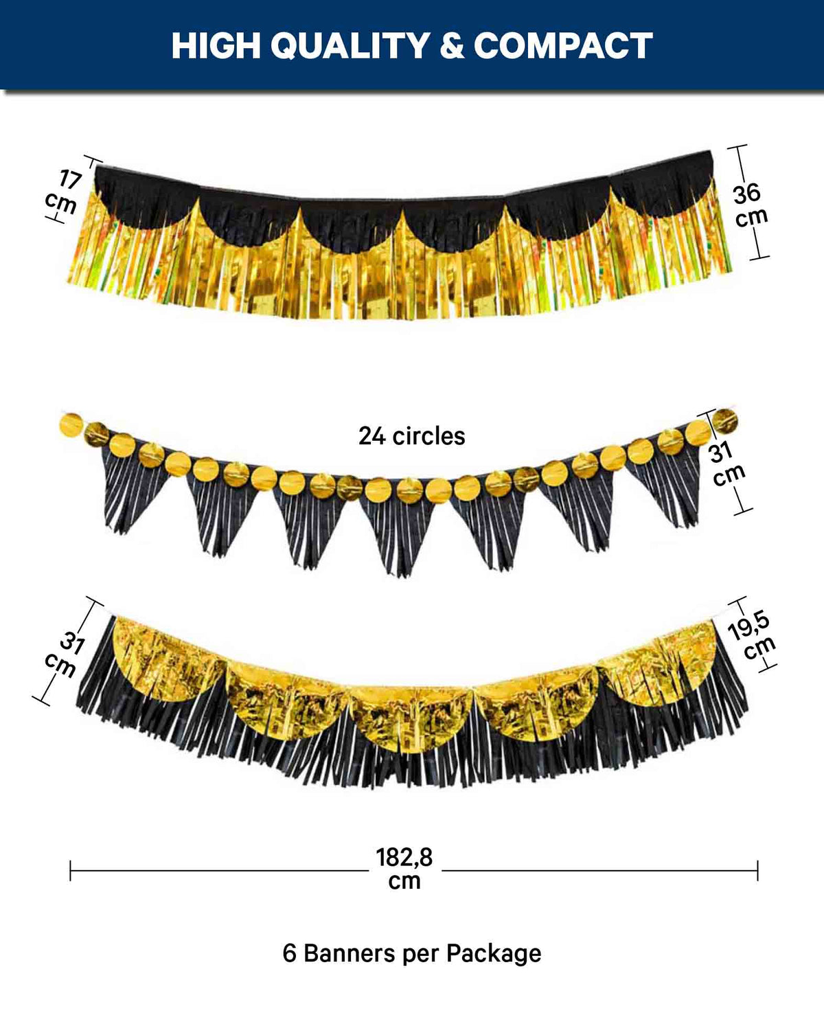 Party Banner, schwarz/ gold, 6 Stk.