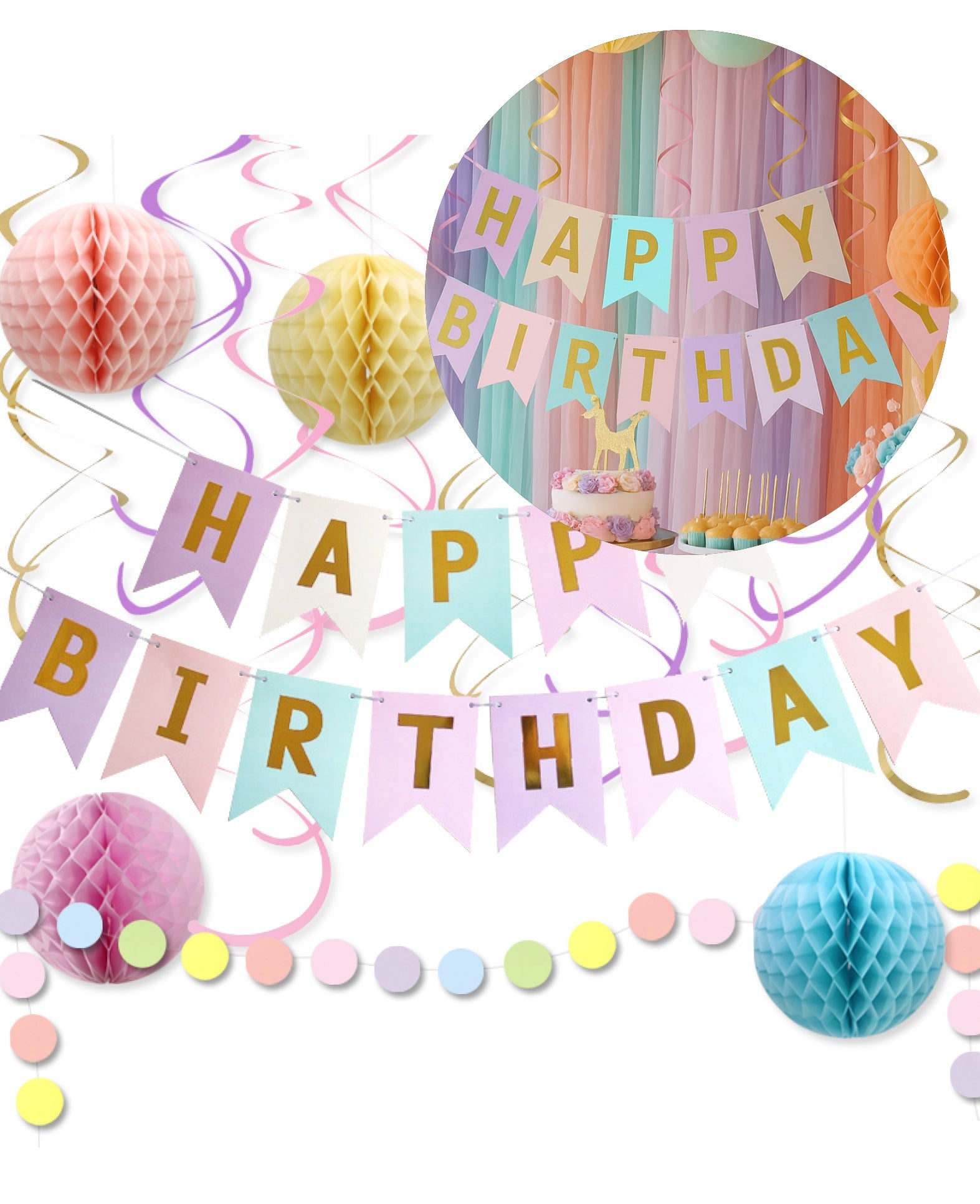 Kit de fête, Joyeux Anniversaire, pastel, 13 pcs.