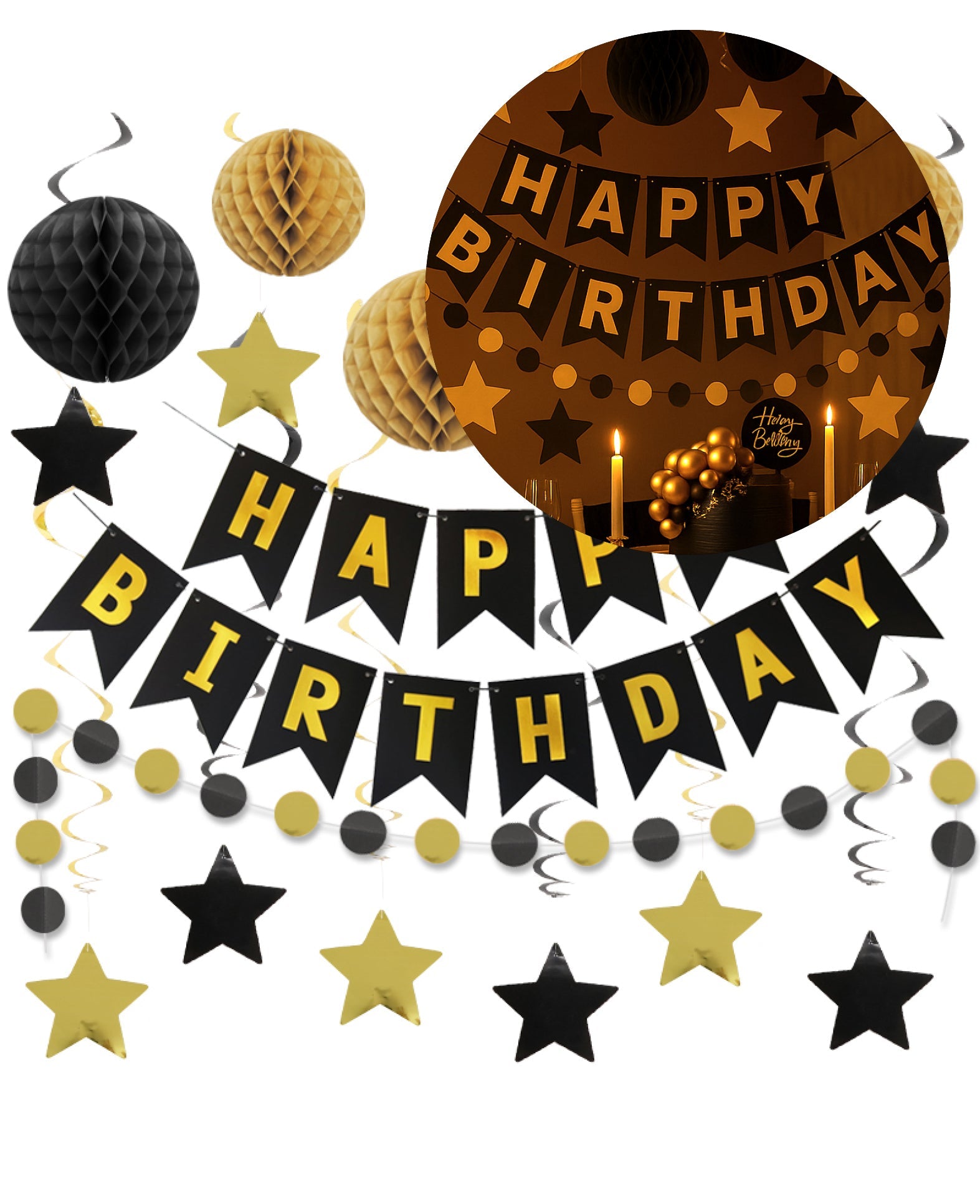 Party Set, Happy Birthday, schwarz/gold, 18 tlg.