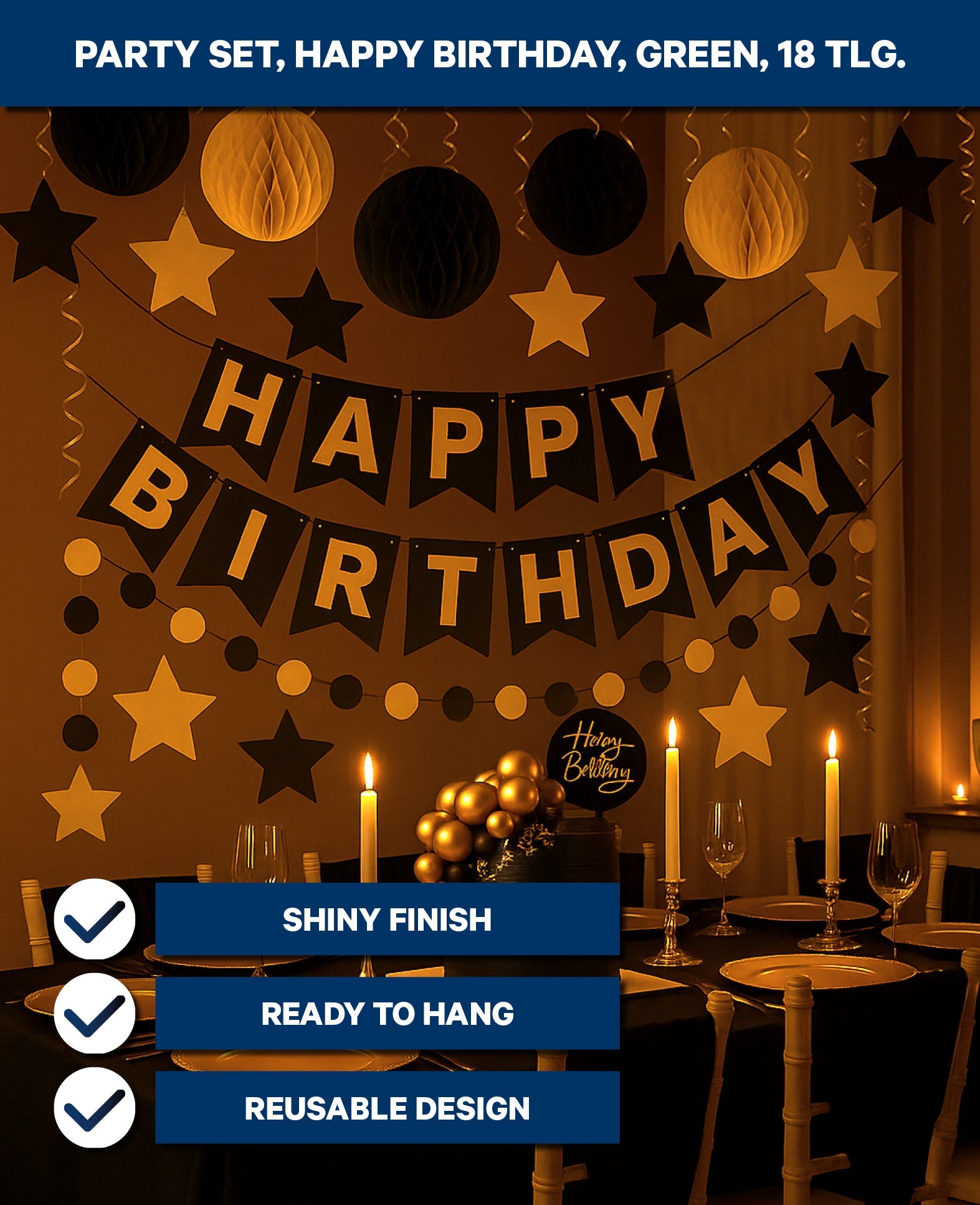 Party Set, Happy Birthday, schwarz/gold, 18 tlg.