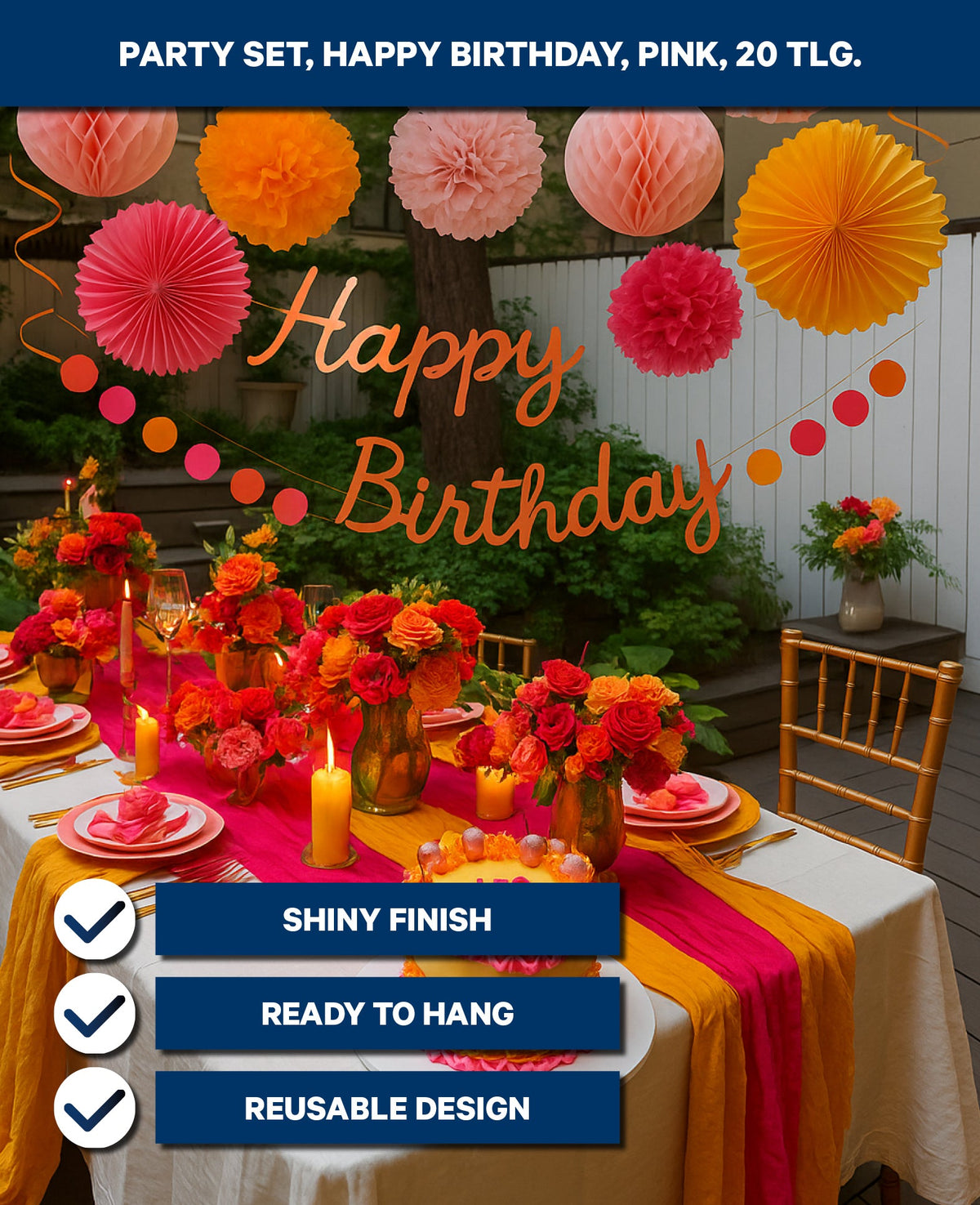 Party Set, Happy Birthday, pink/orange, 20 tlg.
