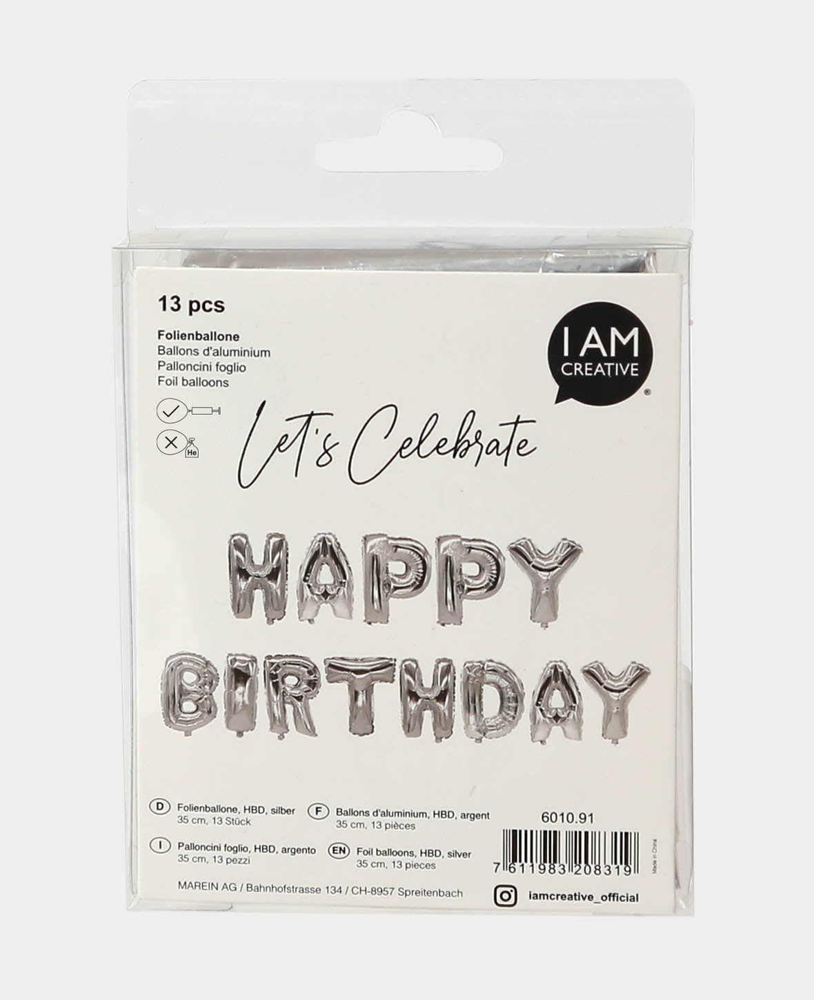 Let's Celebrate, 13 silver letter foil balloons HAPPY BIRTHDAY, 35 cm incl. 2 inflation straws