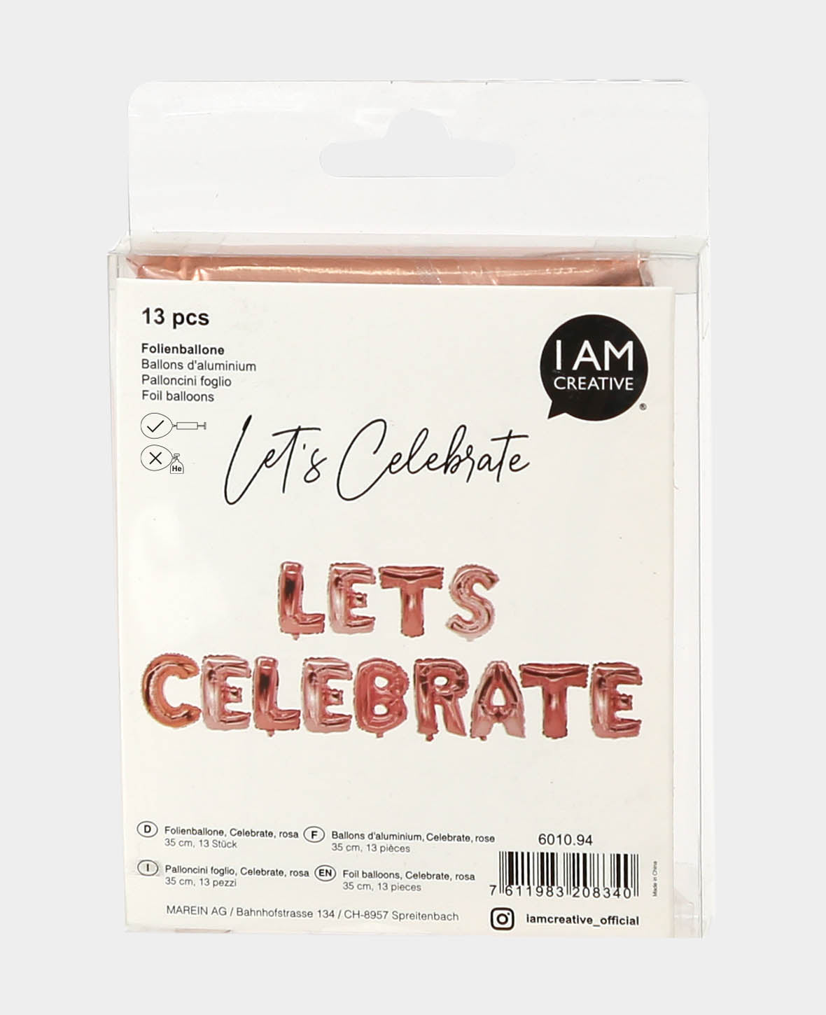 Let's Celebrate, 13 pink letter foil balloons LETS CELEBRATE, 35 cm including 2 inflation straws