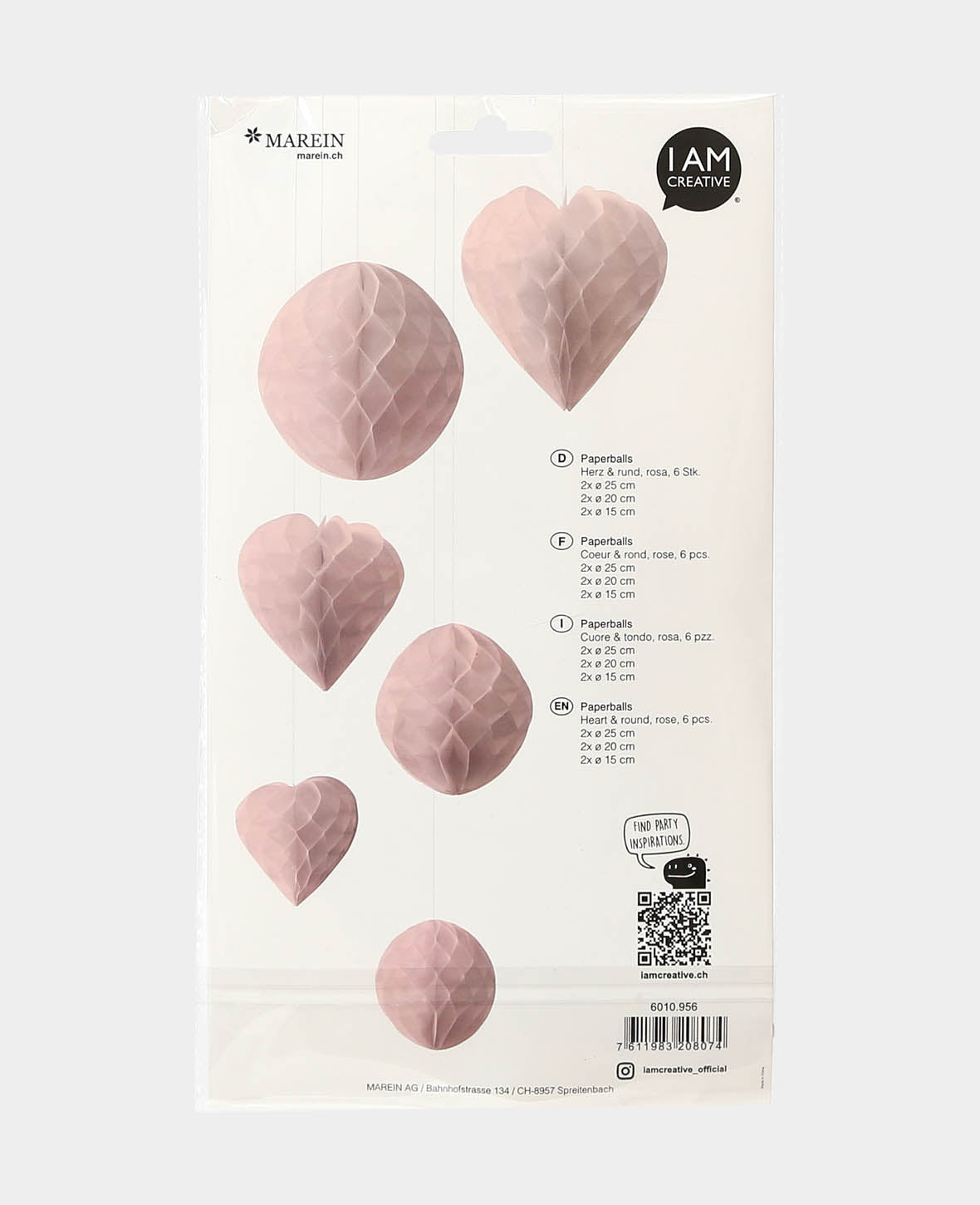 Let's Celebrate Honeycomb Balls Heart & Round Shape in Pink, ø 15, 20, 25 cm, 6 pieces
