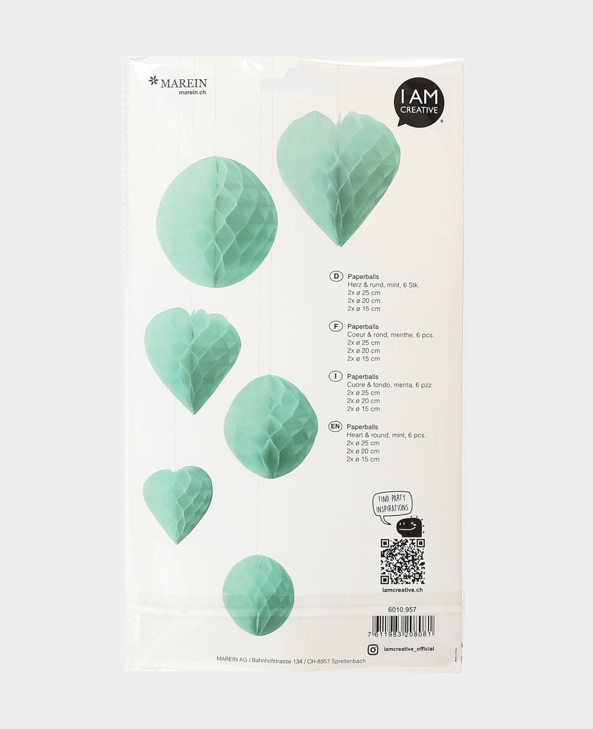 Paperballs Herz & rund mint, 6 Stk.