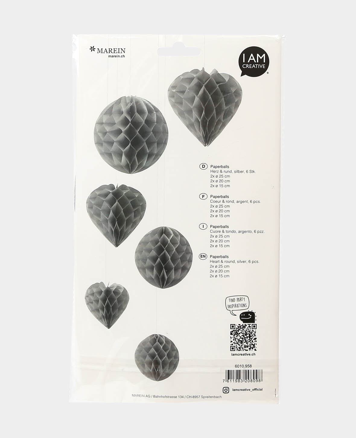Boules de papier cœur et rond argenté, 6 pièces