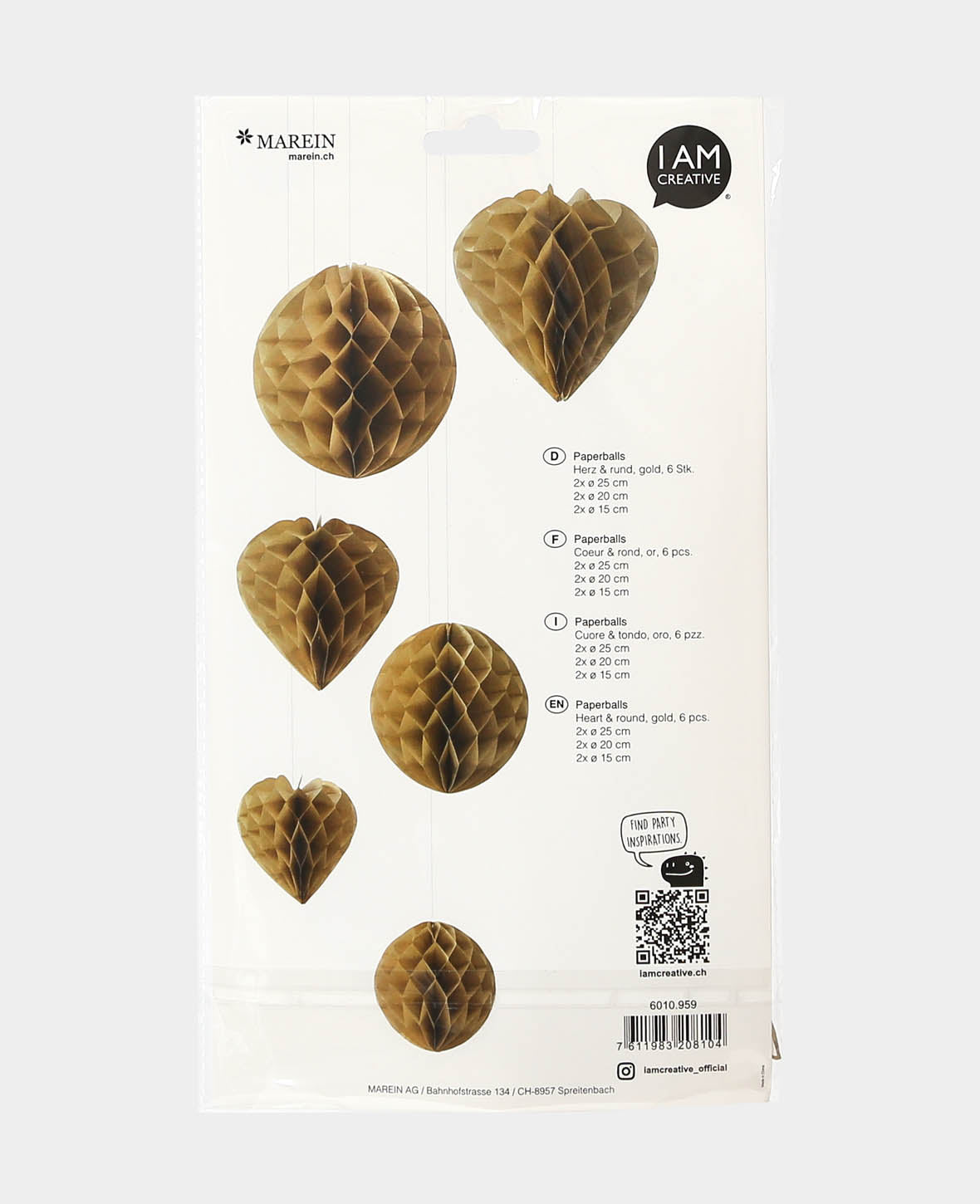 Paperballs cœur et ronds or, 6 pièces