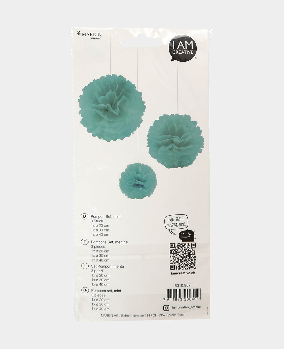 Let’s Celebrate Pompon en papier de soie avec ficelle, Menthe, ø 20 à 40 cm, 3 pièces