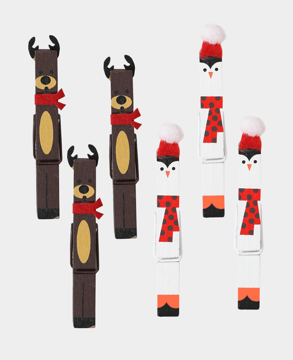 Holzklammer Pinguin & Rentier, 6 Stk.