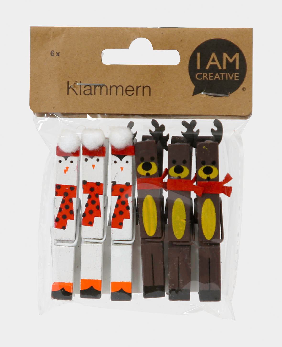 Holzklammer Pinguin & Rentier, 6 Stk.